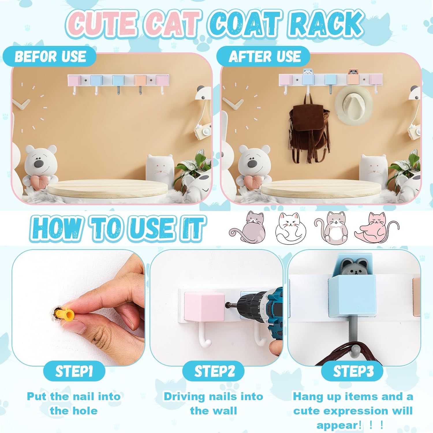 Maitys 2 Pcs Kids Coat Rack Wall Mount Kids Wall Hooks Rainbow Coat Rack Hooks for Boys Girls Toddler Cute Bathroom Decor Colorful Backpack Hanger Supplies for Clothes Hat Towel in Bedroom (Cat) - Image 6