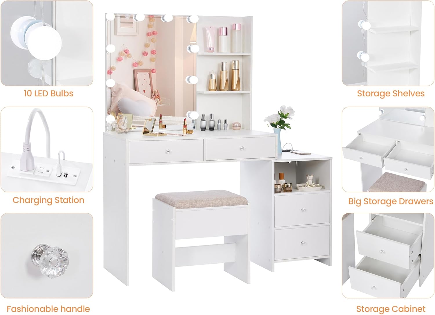 ANWBROAD Makeup Vanity Desk with Mirror & 10 LED Lights Big Vanity Set with Charging Station, Nightstand, Drawers, Storage Shelves, Stool, Bedroom Dressing Table for Women Girls White UBDT13W - Image 6