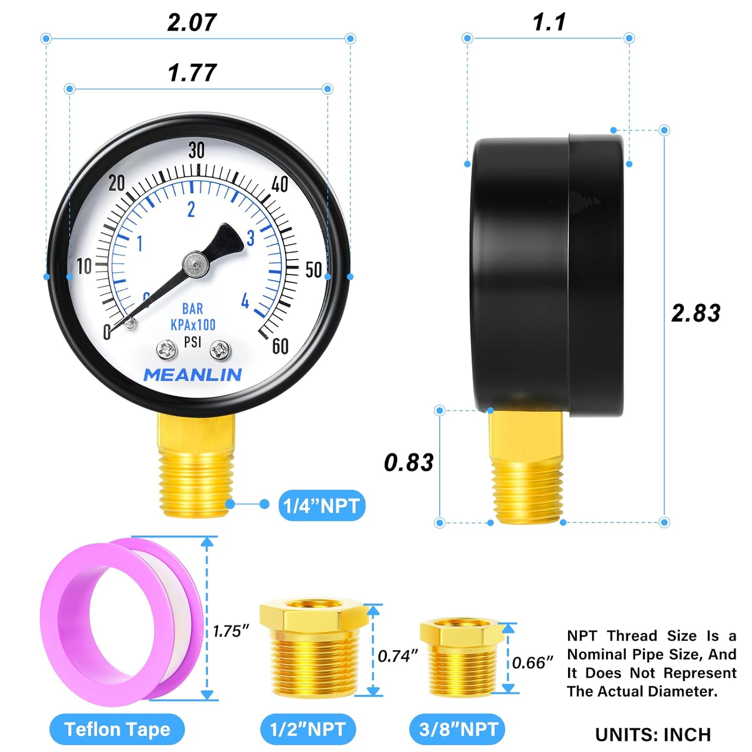 MEANLIN MEASURE 1/4" NPT 0-60Psi 2" Dial Face Well Pump Pressure Gauge, Lower Mount, Suitable for Water, Oil, Air Pressure Testing - Image 2