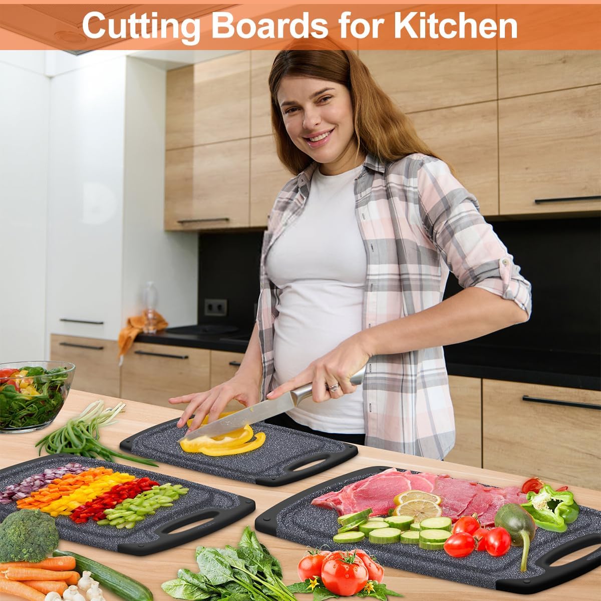 KIMIUP Kitchen Cutting Board (Set of 3),Professional Chopping Boards Sets,Dishwasher Safe Cutting Boards With Juice Grooves & Carrying Handle & No BPA - Image 6