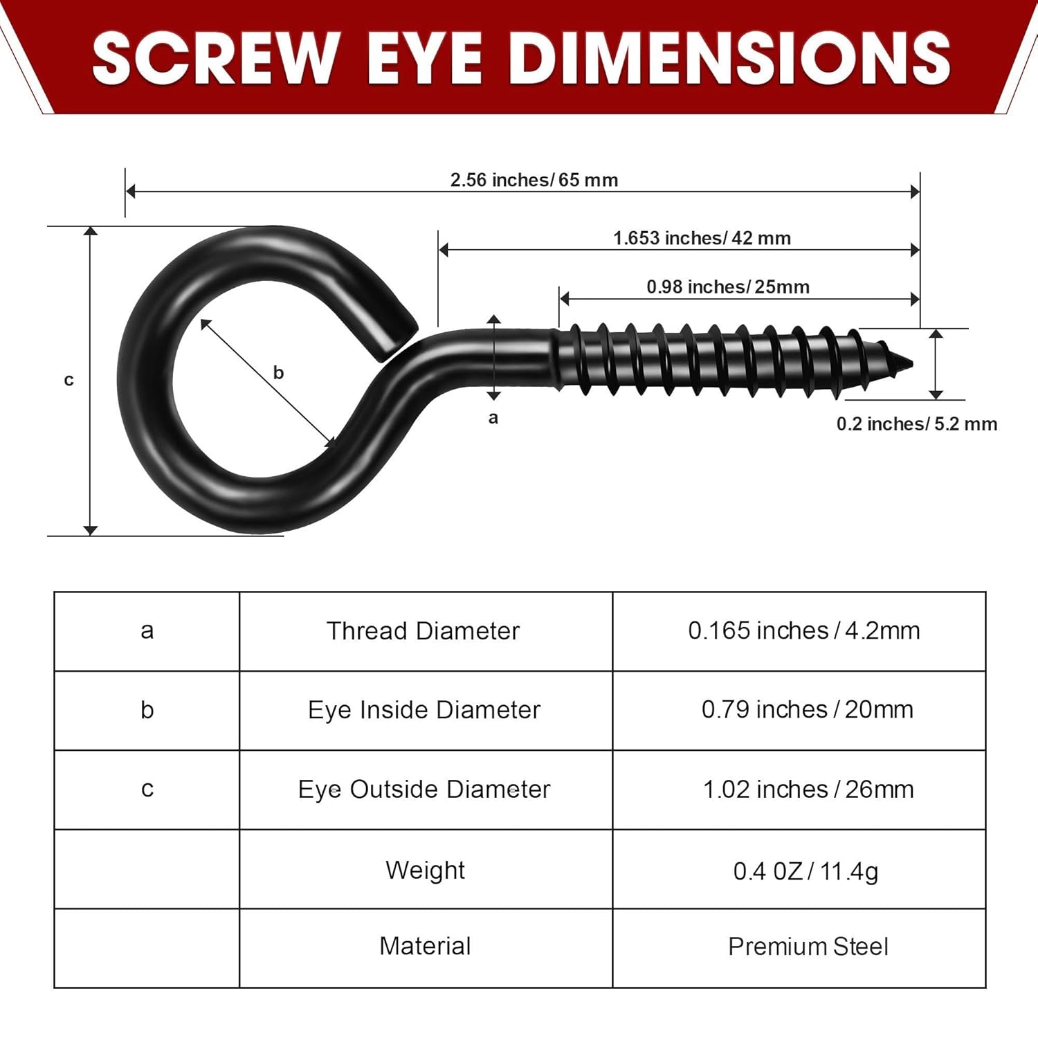 PAMAZY 12Pcs Black Screw Eyes, 2.56 Inch Heavy Duty Eye Hooks for Wood Securing Cables Wire, Hammock Stand, Indoor & Outdoor Use - Image 3