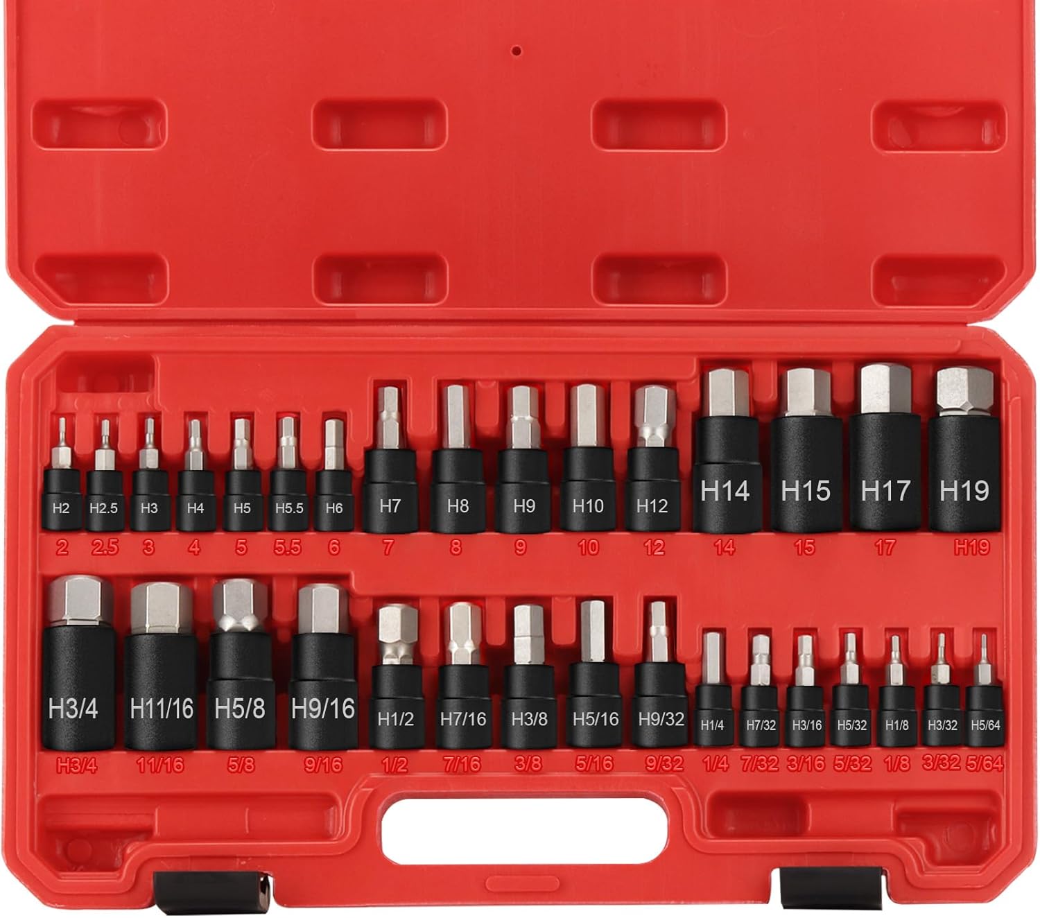 RIMKOLO Hex Impact Bit Socket Set, 32-Piece Allen Socket Set SAE and Metric 1/4" 3/8" 1/2" Drives, S2 Alloy Steel and CR-V Bit Sockets