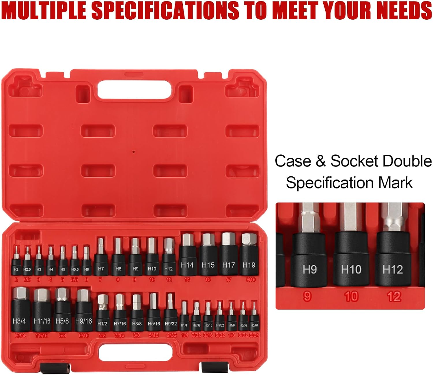 RIMKOLO Hex Impact Bit Socket Set, 32-Piece Allen Socket Set SAE and Metric 1/4" 3/8" 1/2" Drives, S2 Alloy Steel and CR-V Bit Sockets - Image 5