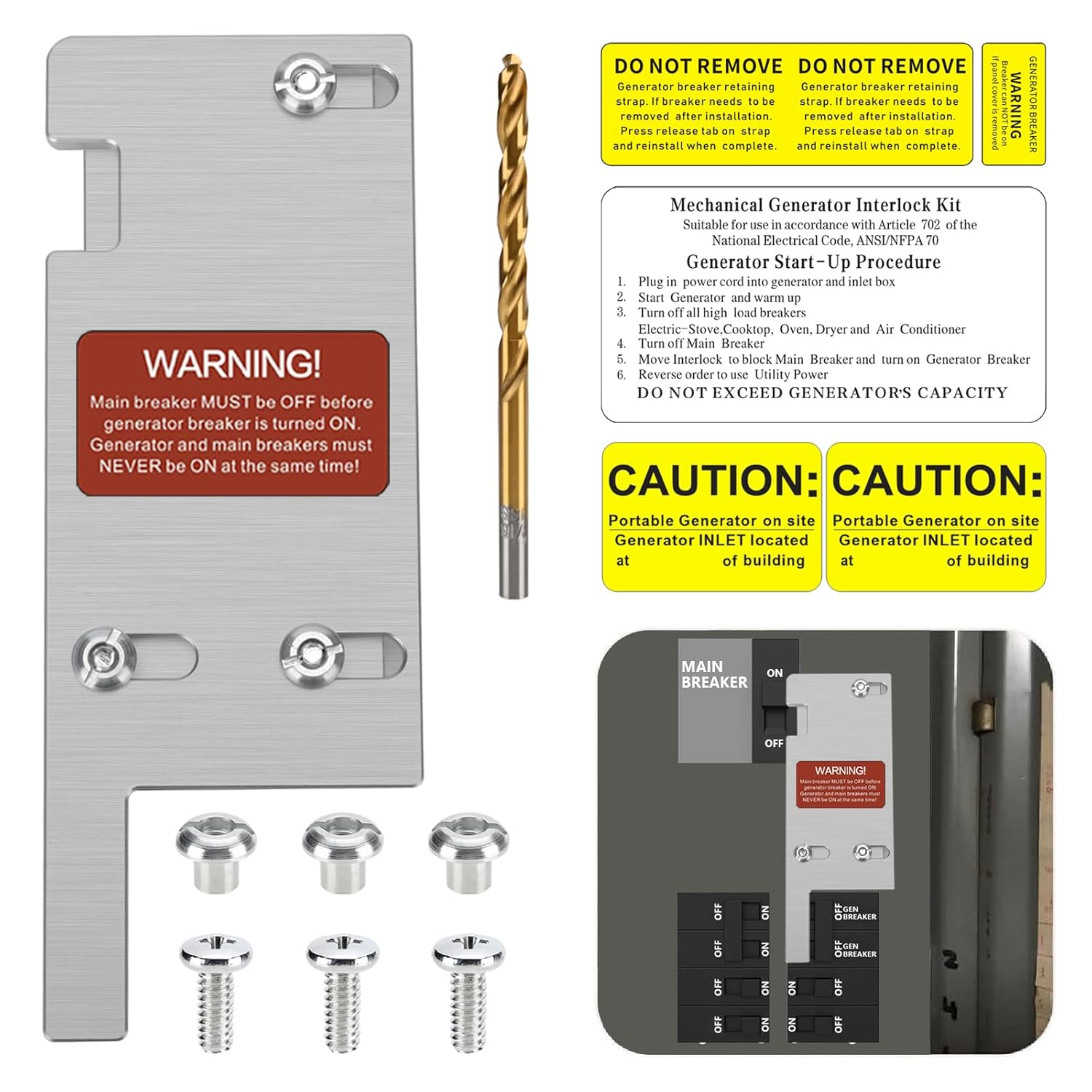 PFCKE Generator Interlock Kit Compatible with Square D Vertical Main 150 or 200 amp Breaker,3 1/4 to 4 Inch Spacing Between Main and Branch Breaker(SD-200VL)