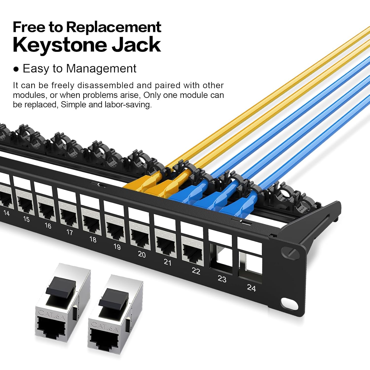 PBAEGAV Patch Panel 24 Port with 24 Pcs Cat6A Keystone Jack STP 10G Support with Removable Back Bar 1U Network Patch Panel 19 Inch for Cat6,Cat5e,Cat5 (CAT6A, 1U24Port) - Image 6