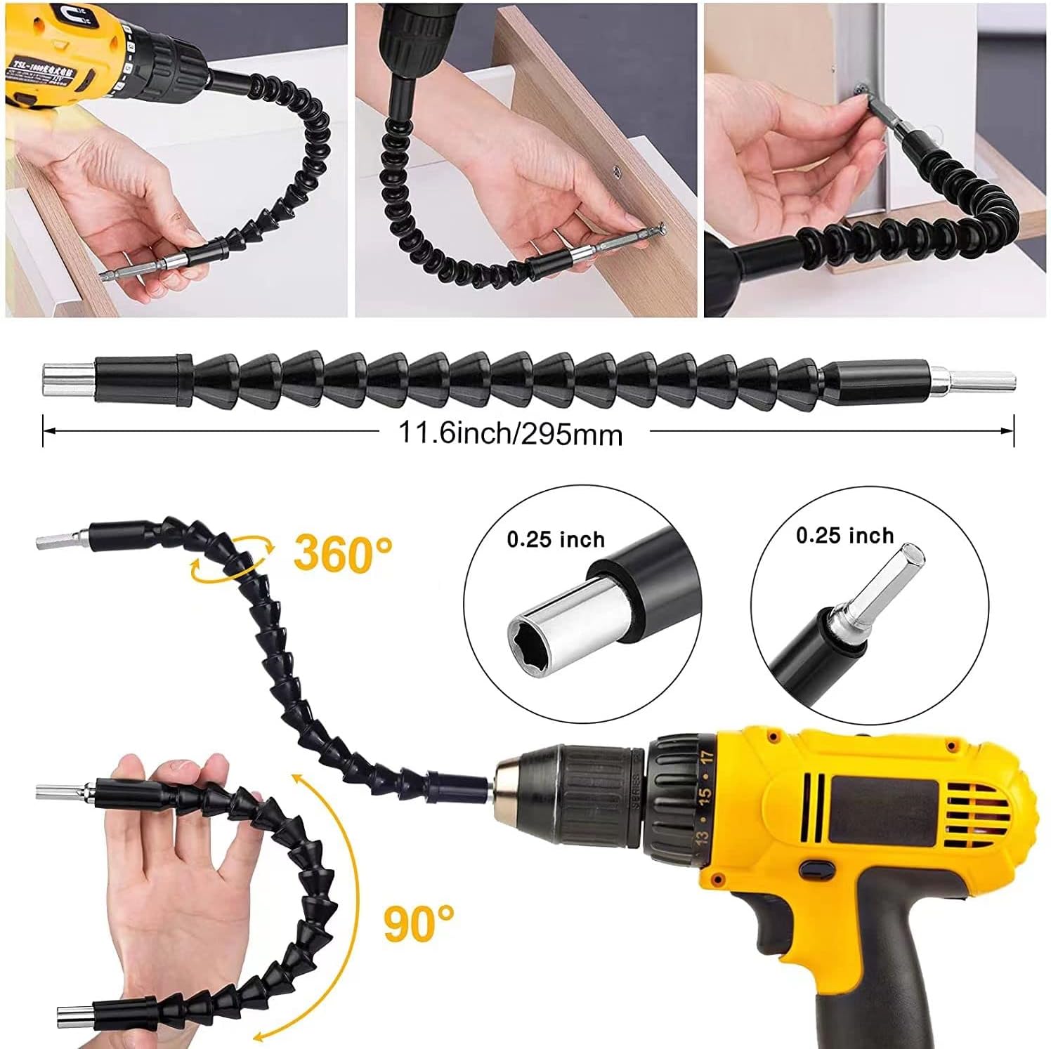 Flexible Drill Bit Extension Set, 105° Right Angle Drill Attachment, 1/4 3/8 1/2In Hex Shank Impact Driver Socket Adapter Rotatable Socket, Bendable Drill Bit Extension Screwdriver Bit - Image 2
