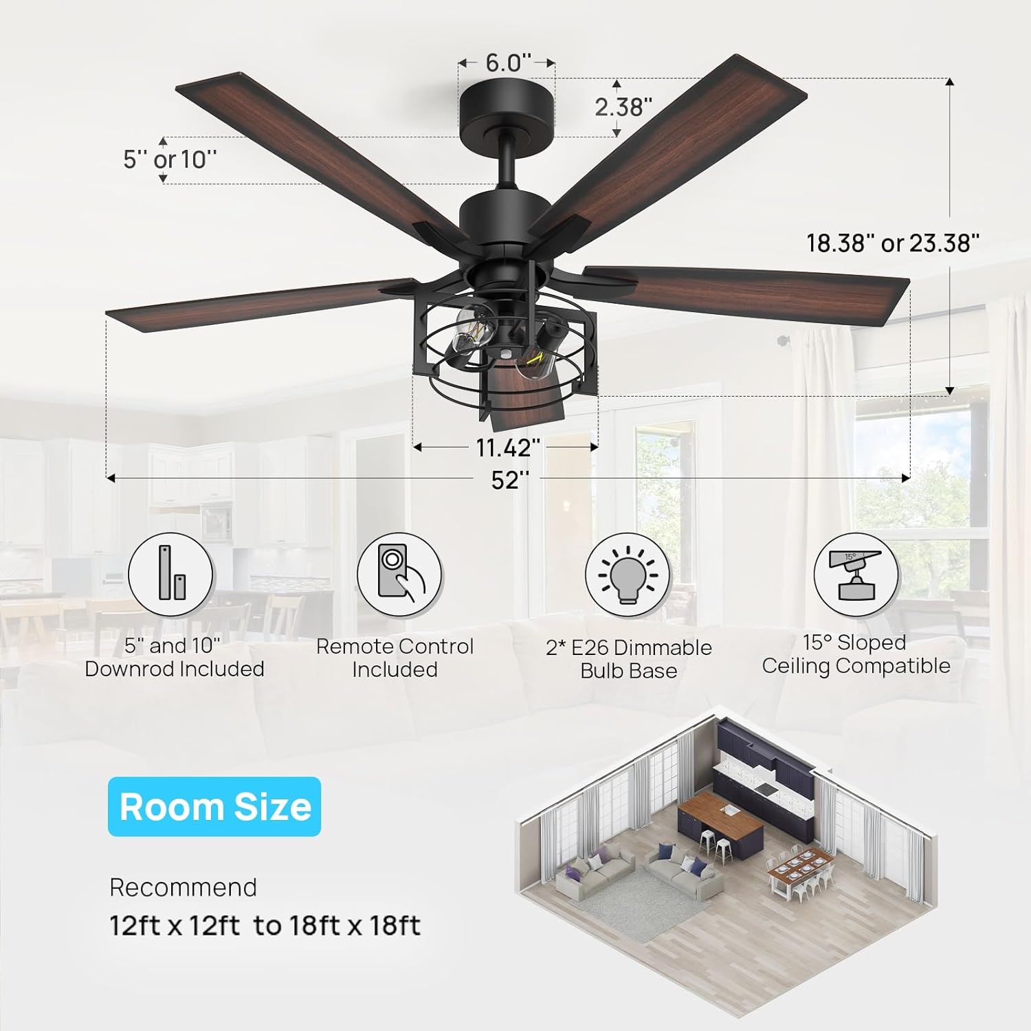 Consciot 52 Inch Ceiling Fans With Lights Remote, Modern Farmhouse Caged Ceiling Fan, Reversible Motor, 5 Double Finish Wood Blades, Rustic Ceiling Fan For Porch, Living Rooms, Bedroom, Hunter Black - Image 5