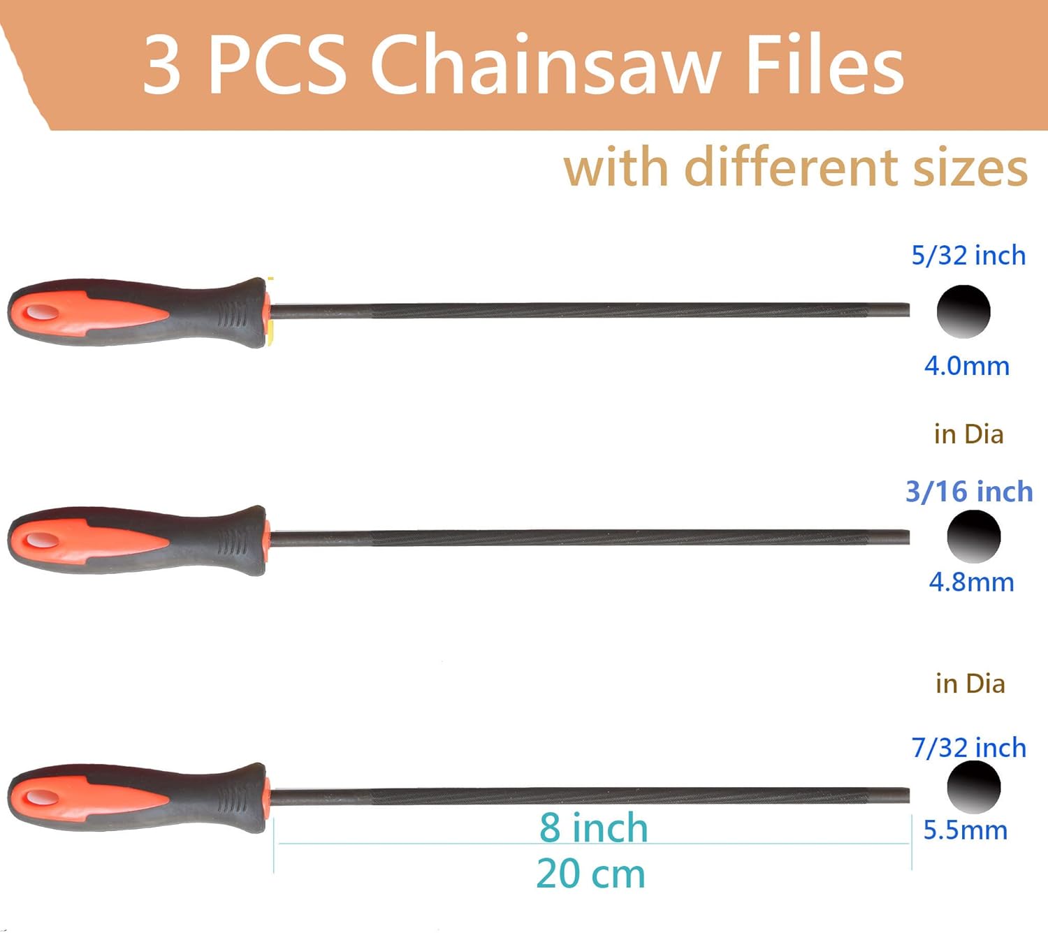 SKZIRI Chainsaw File Set with 3 Sizes 5/32, 7/32, 3/16 inch, 3PCS Chainsaw Sharpener Set Tool Kit Chain Sharpening File Sharpening File Steel with Plastic Handle Round Files for Chainsaw Chain - Image 2