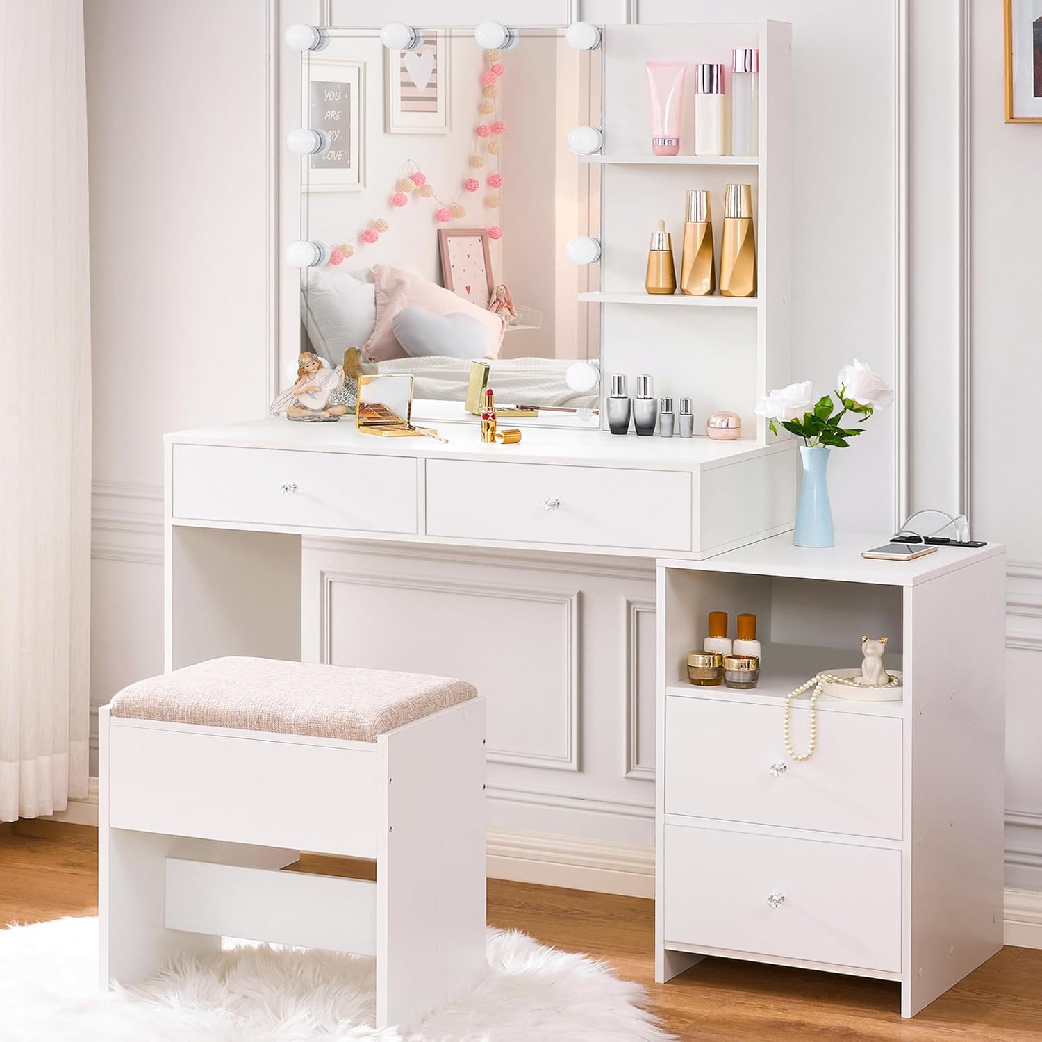 ANWBROAD Makeup Vanity Desk with Mirror & 10 LED Lights Big Vanity Set with Charging Station, Nightstand, Drawers, Storage Shelves, Stool, Bedroom Dressing Table for Women Girls White UBDT13W - Image 5
