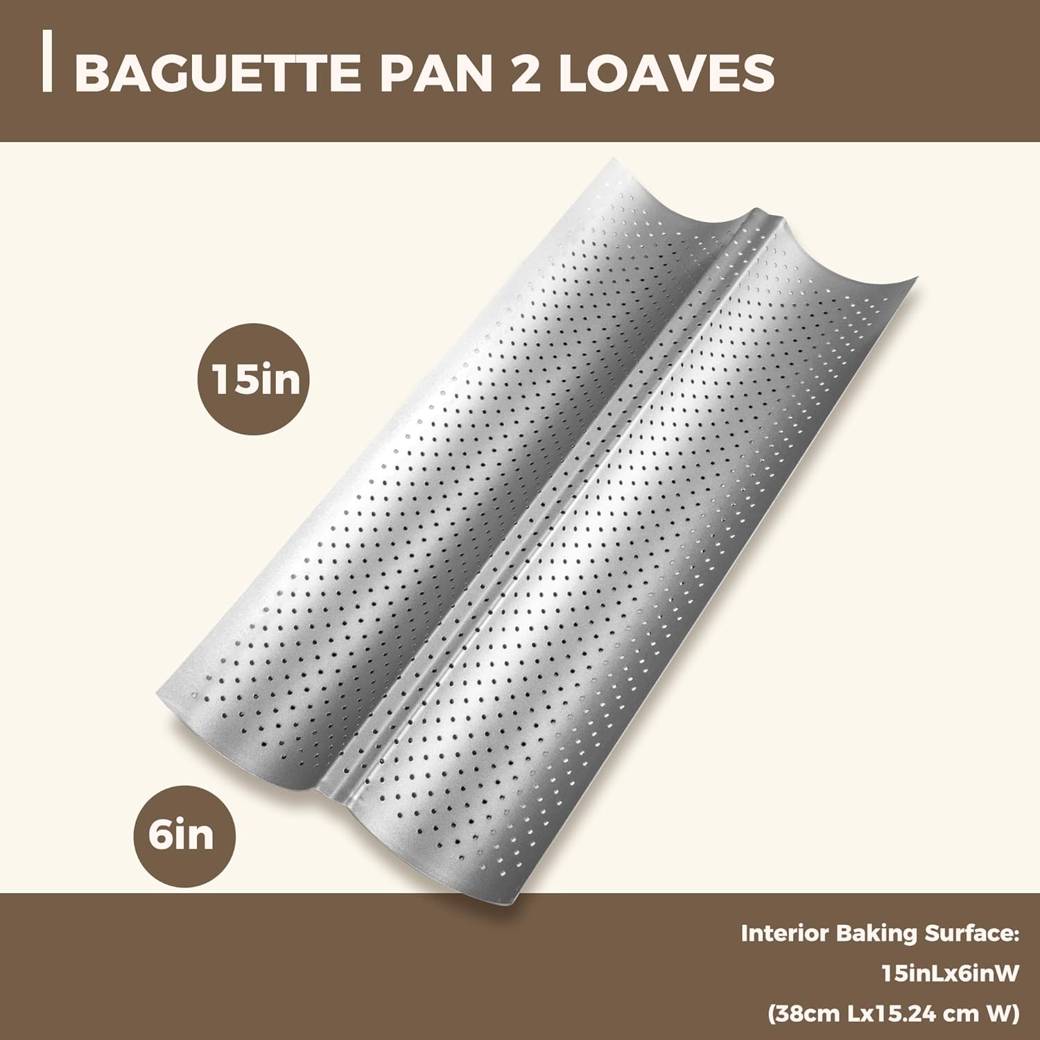 KITESSENSU Nonstick Baguette Pans for French Bread Baking, Perforated 2 Loaves Baguettes Bakery Tray, 15" x 6.3", Silver - Image 3