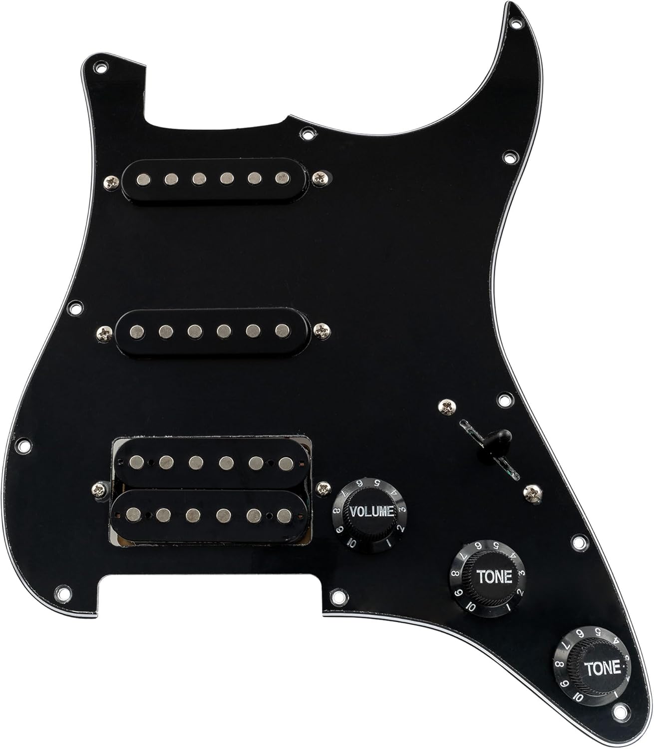 Musiclily SSH Prewired Strat Loaded Pickguard with Single Humbucker Pickups Set for Fender Stratocaster Electric Guitar,3Ply Black