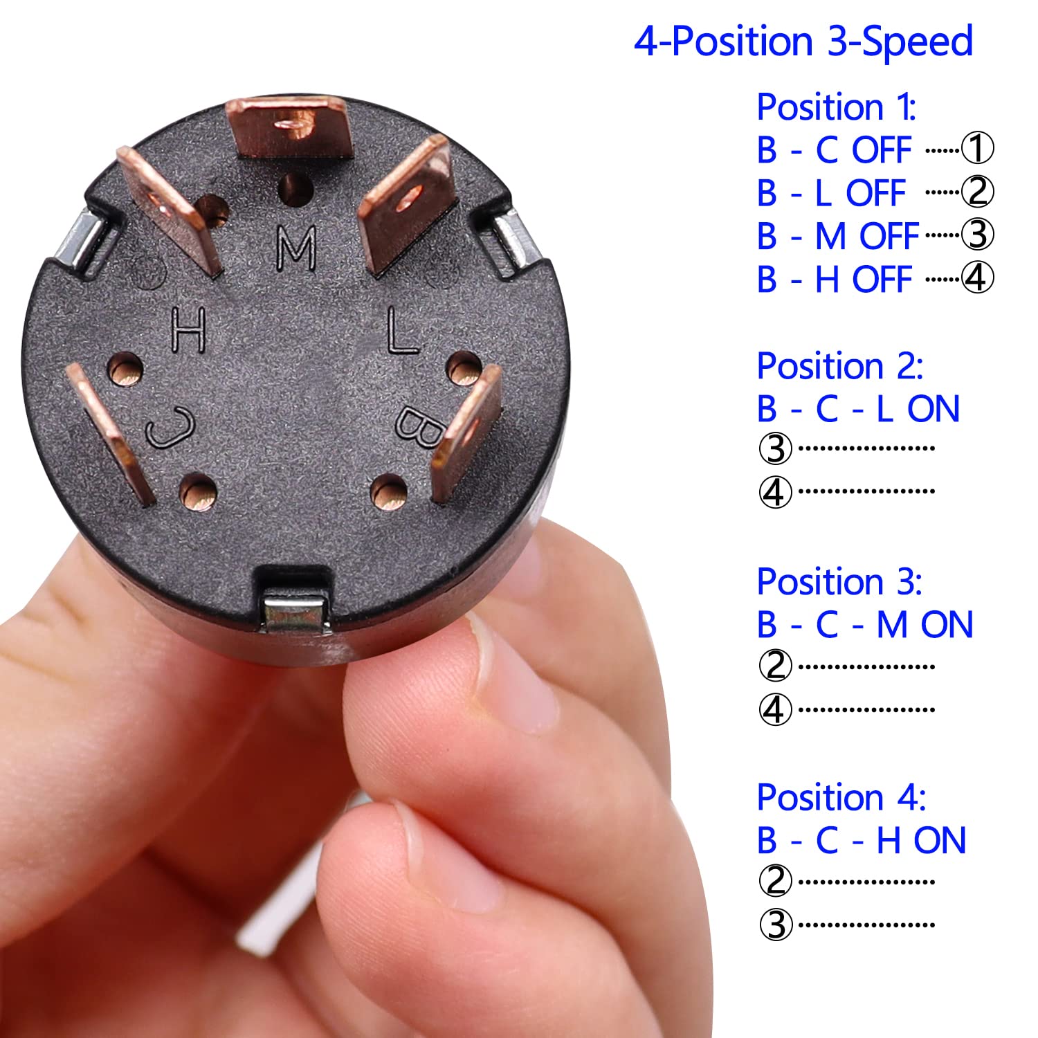 Taiss Rotary Switch 4 Position 3 Speed Fan Switch 12A 250V/16A 125V Metal Fan Heater Speed Selector Switch with Knob and terminals F-040 - Image 3