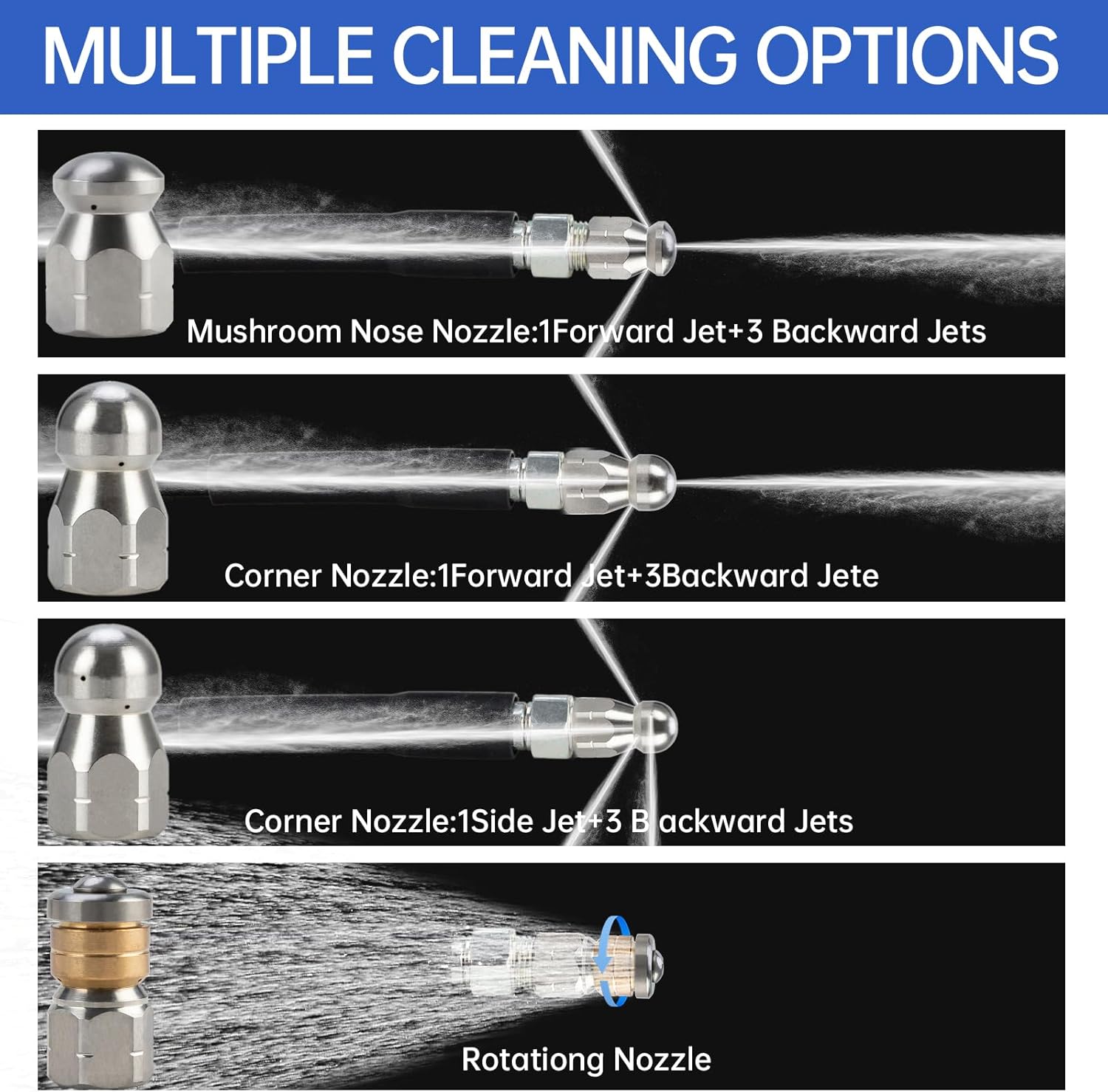 Sewer Jetter Kit for Pressure Washer 100FT,Drain Cleaner Hose 1/4 Inch NPT Corner, Rotating and Button Nose Sewer Jetting Nozzle Kit Waterproof Tape Pearl Corsage Pin and Spanners,5800PSI - Image 4