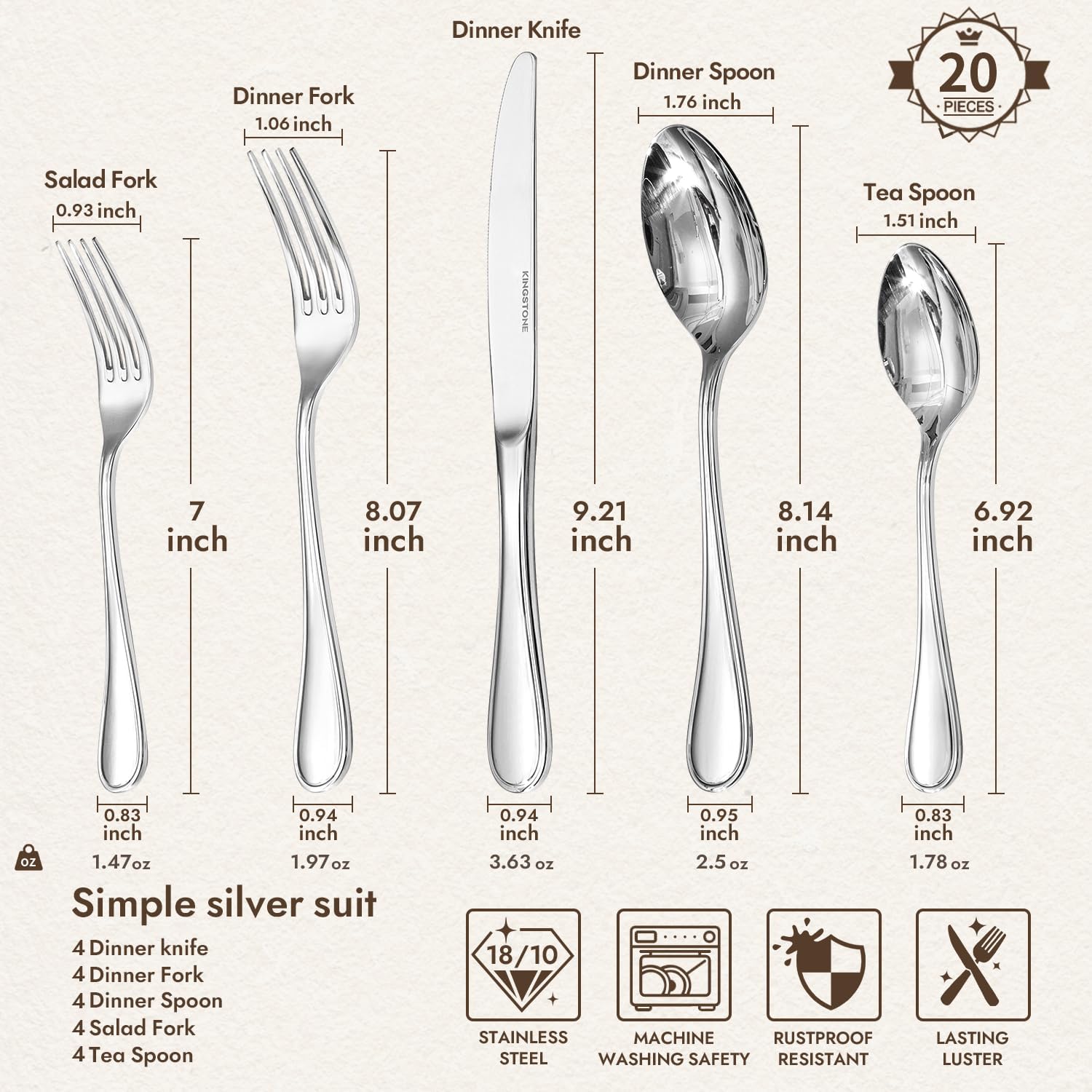 KINGSTONE 20 Piece Teardrop Silverware Set for 4, 18/10 Stainless Steel Flatware Set, Modern Design Cutlery Set for Home/Hotel/Wedding,Mirror Polished and Dishwasher Safe - Image 2