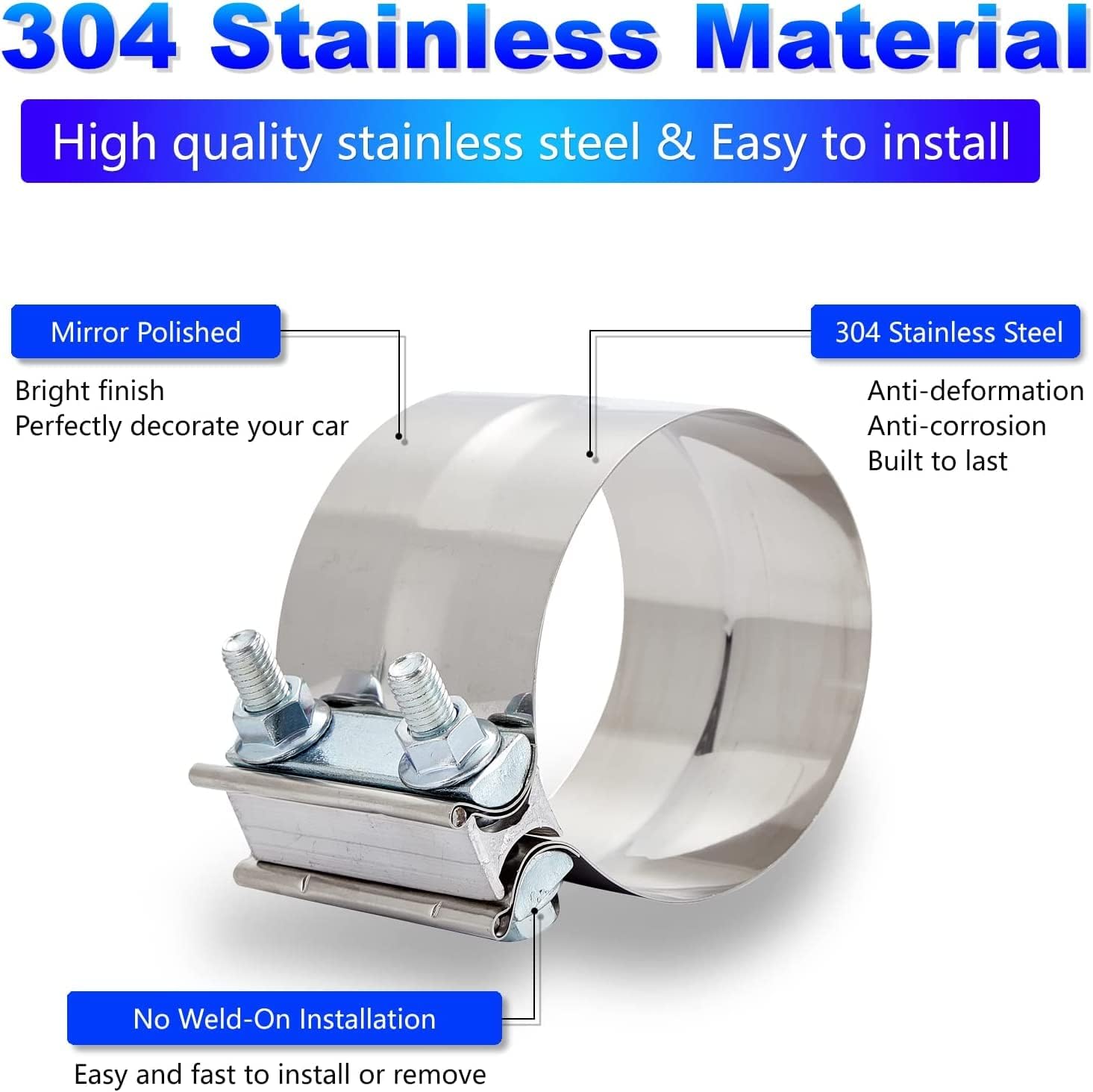 ELSHINE 1.5'' Lap Joint Exhaust Band Clamp, Heavy-duty Exhaust Clamps for Mufflers and Pipes, Stainless Steel Seal Clamp Sleeve for Exhaust Repair, 2PCS - Image 3