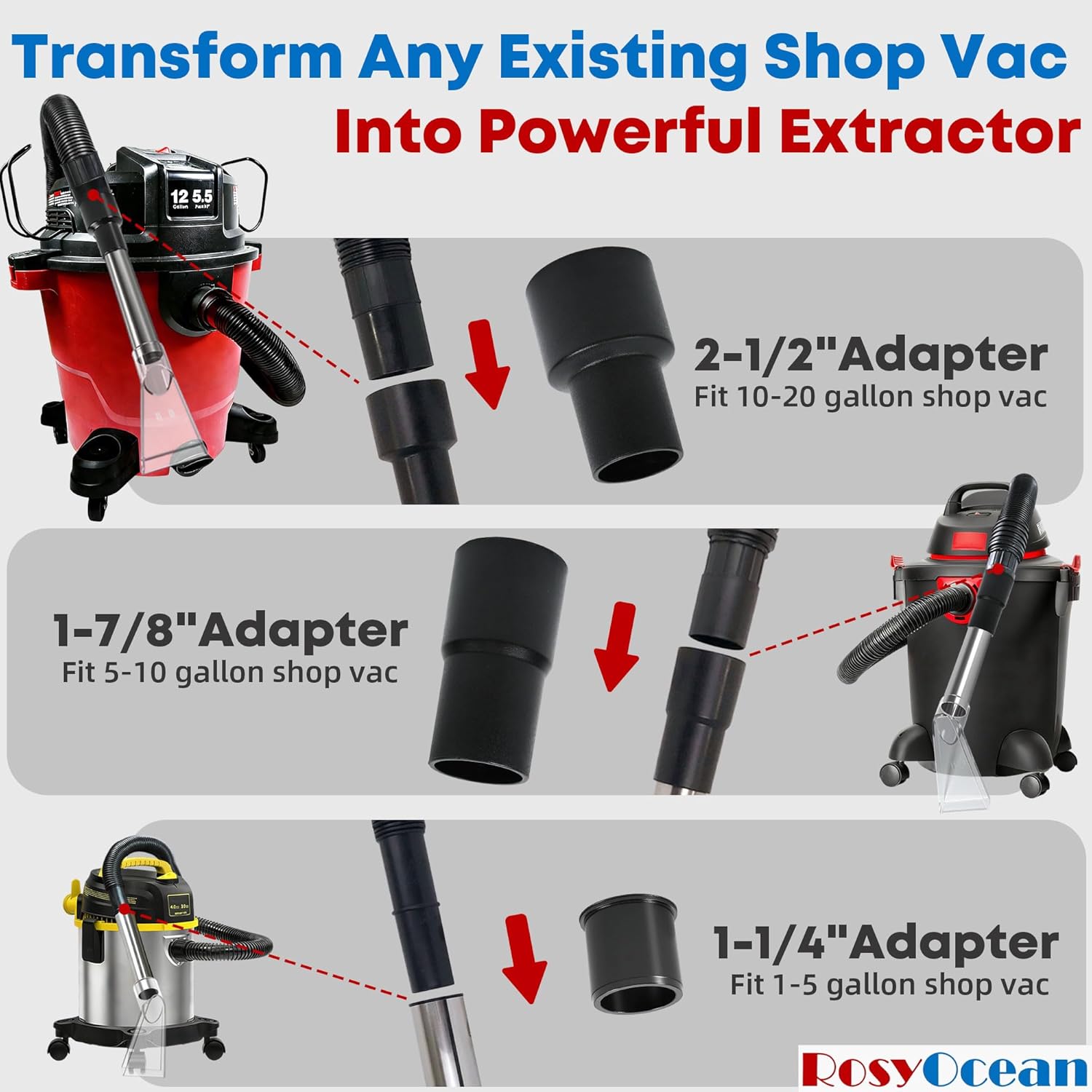 RosyOcean Universal Compatible with All Shop Vacs Extractor Attachment with 2-1/2" & 1-7/8" & 1-1/4" Three Adapters Auto Detailing Vacuum Head Extraction Accessories for Upholstery & Carpet Cleaning - Image 2