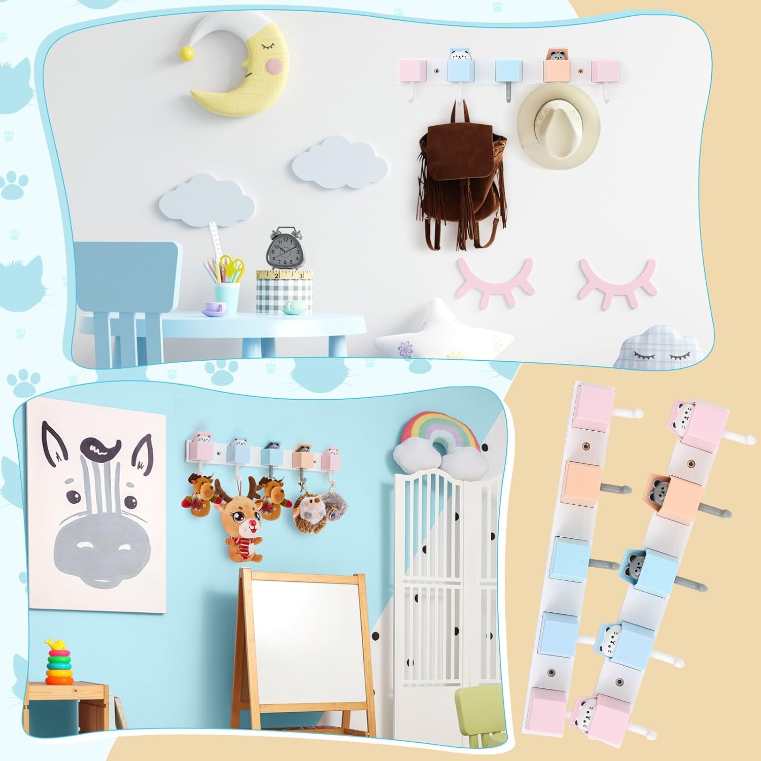 Maitys 2 Pcs Kids Coat Rack Wall Mount Kids Wall Hooks Rainbow Coat Rack Hooks for Boys Girls Toddler Cute Bathroom Decor Colorful Backpack Hanger Supplies for Clothes Hat Towel in Bedroom (Cat) - Image 5