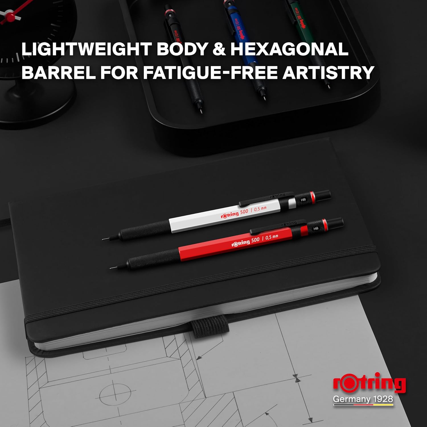 rOtring 500 Mechanical Pencil, Red Hexagonal Plastic Barrel and Non-Slip Textured Metal Grip, 0.5mm, HB Lead, 1 Count - Precision, Comfort, Sleek, Writing - Image 2