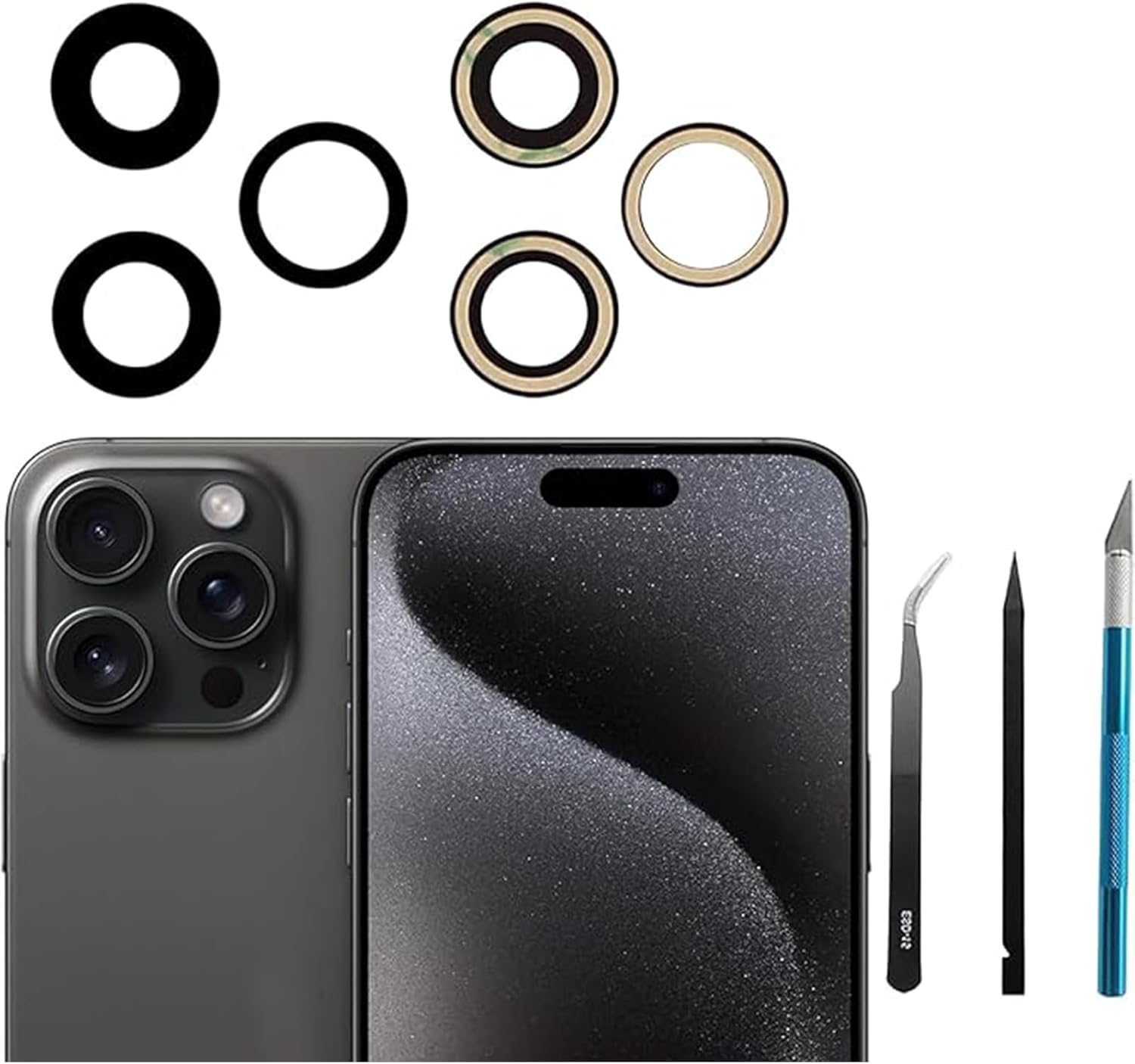 3pcs/Set Camera Lens Replacement for iPhone 15 Pro Max 6.7 inch Camera Lens Rear Glass Replacement with Pre-Installed Adhesive + Repair Tool Kit, Anti-Lens Scratch & Waterproof