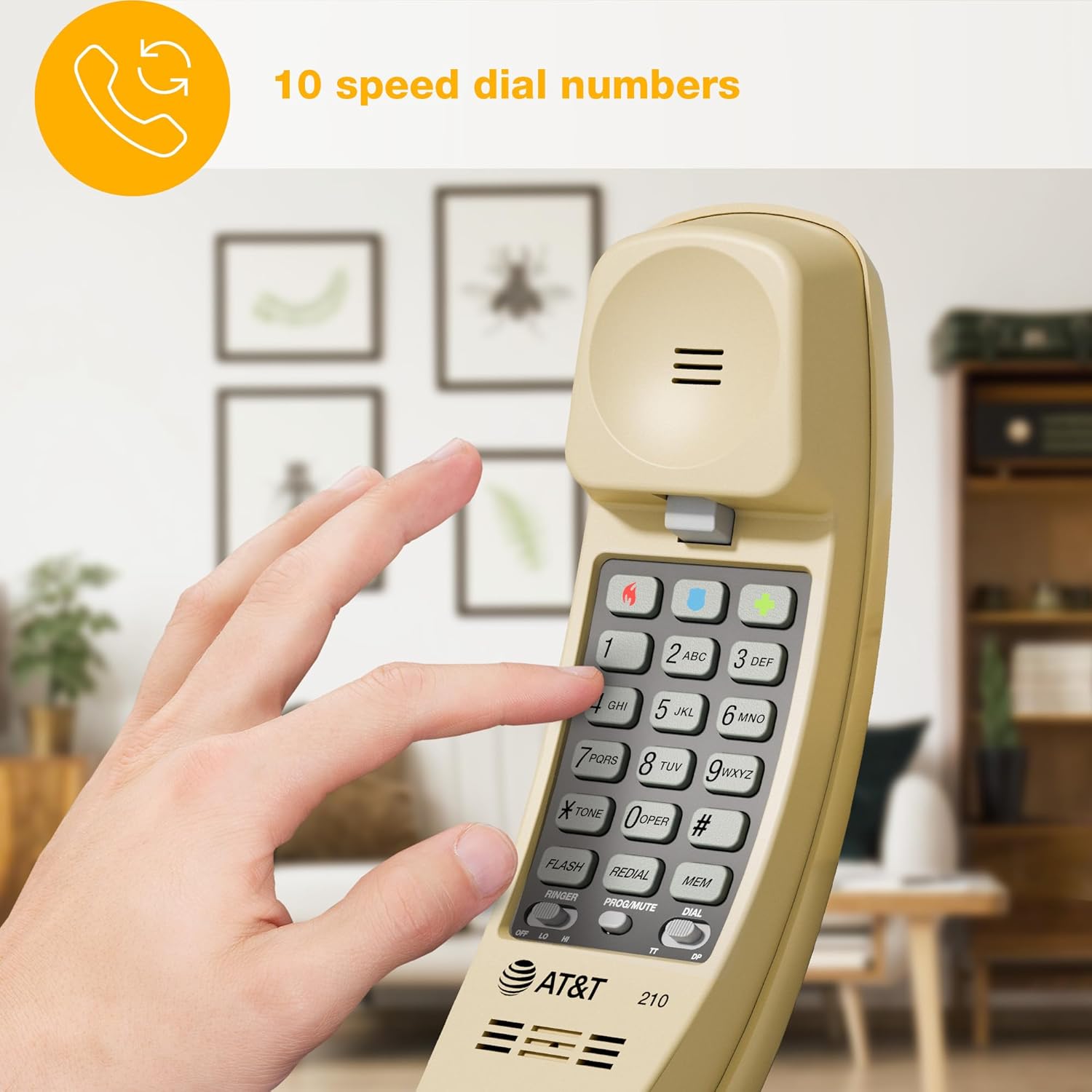 AT&T TRIMLINE 210 Corded Home Phone, No AC Power Required, Improved Easy-Wall-Mount, Lighted Big Button Keypad, 13 SpeedDial Keys, Last Number Redial, Mute, Flash, Volume Control, Beige - Image 3