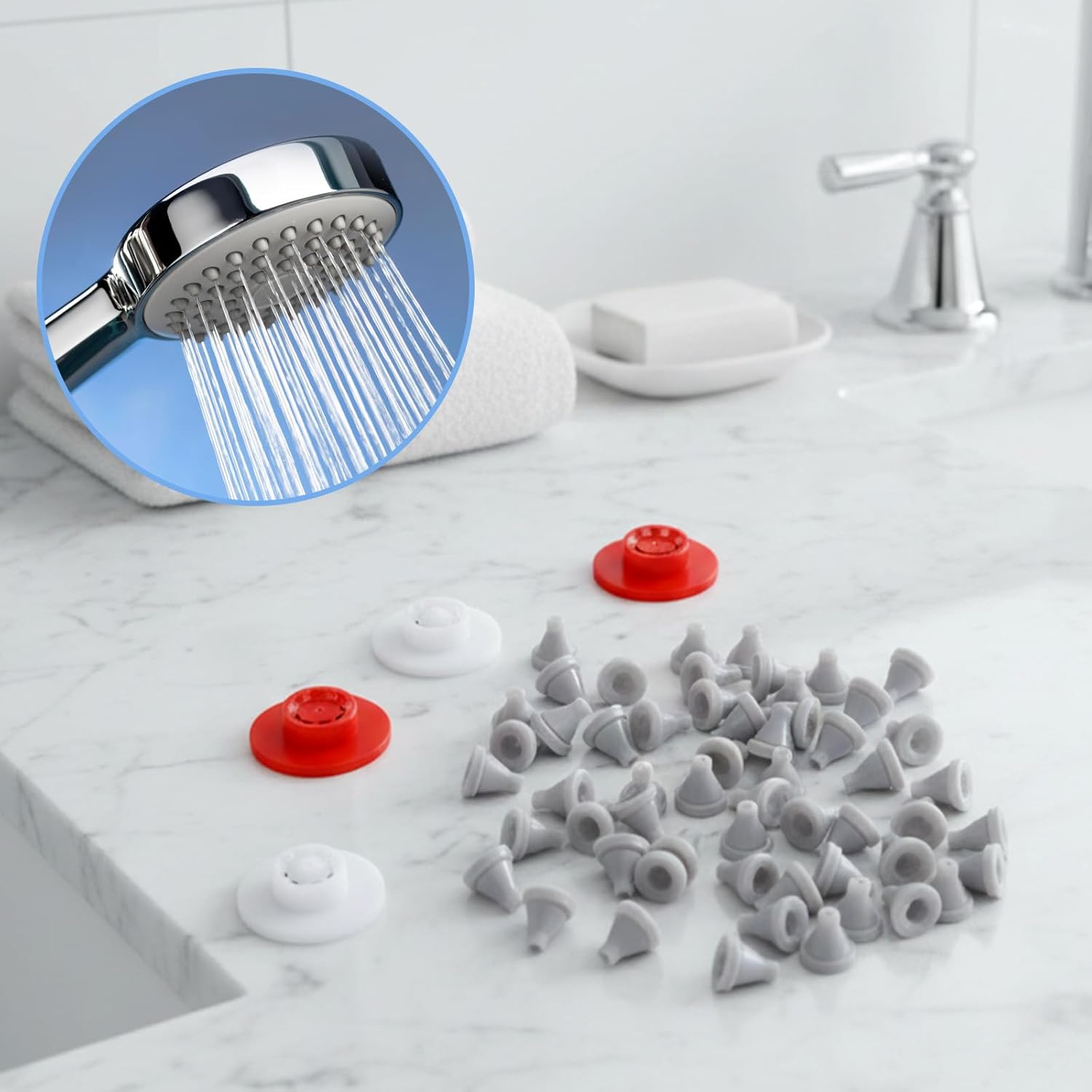 Shower Head Flow Restrictor Set, 1.8 and 2.5GPM Flow Reducer Limiter Fixed Shower Head Water Saver Replace Parts with 50 PCS Soft Silicone Nozzles for Showerhead Replacement - Image 7