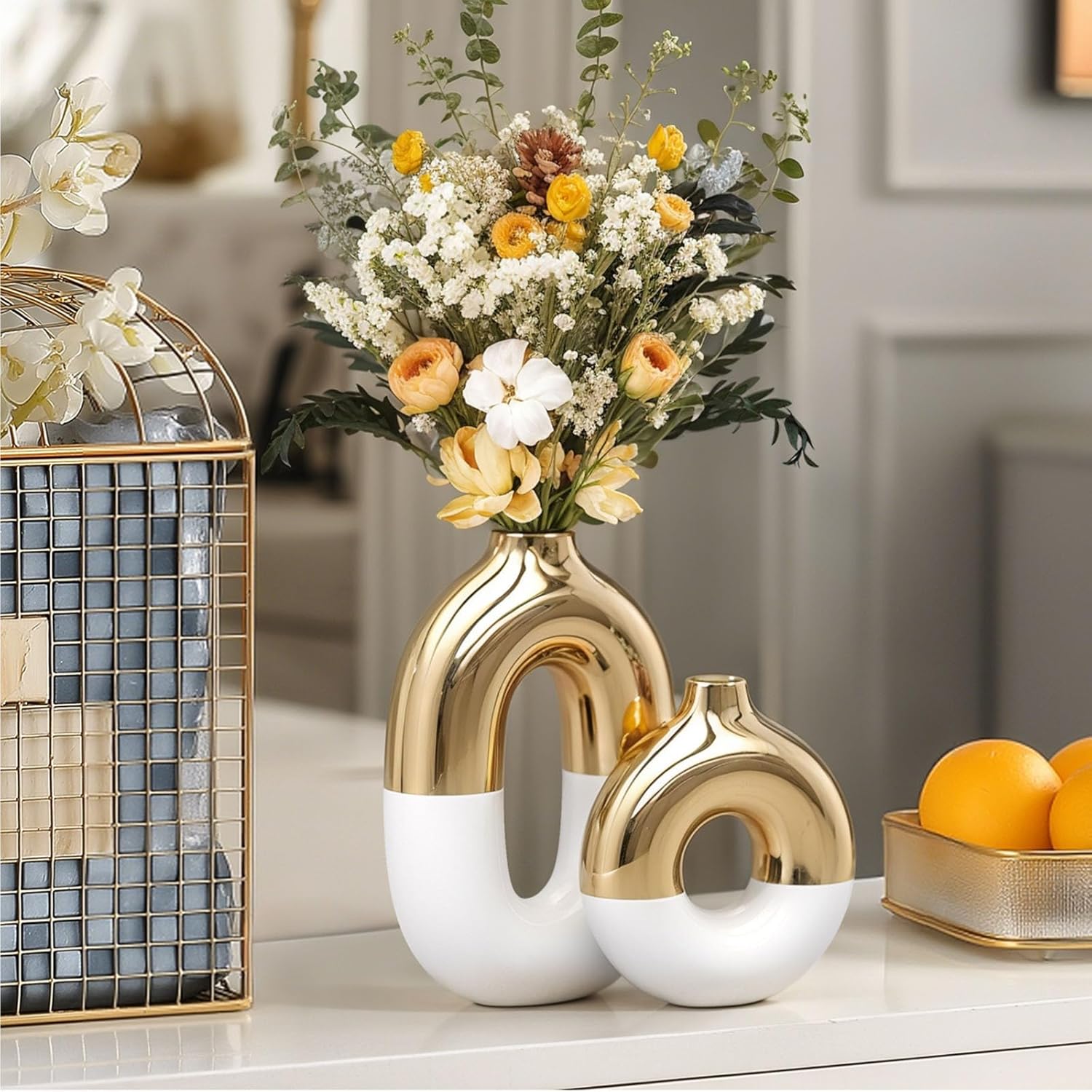 White and Gold Ceramic Vase Home Decor,Mid Century Modern Centerpiece Table Decorations,Oval and Round Flower vases with Hole for Pampas Grass,Bookshelf,Fireplace Mantle,Farmhouse,Rustic Décor - Image 3