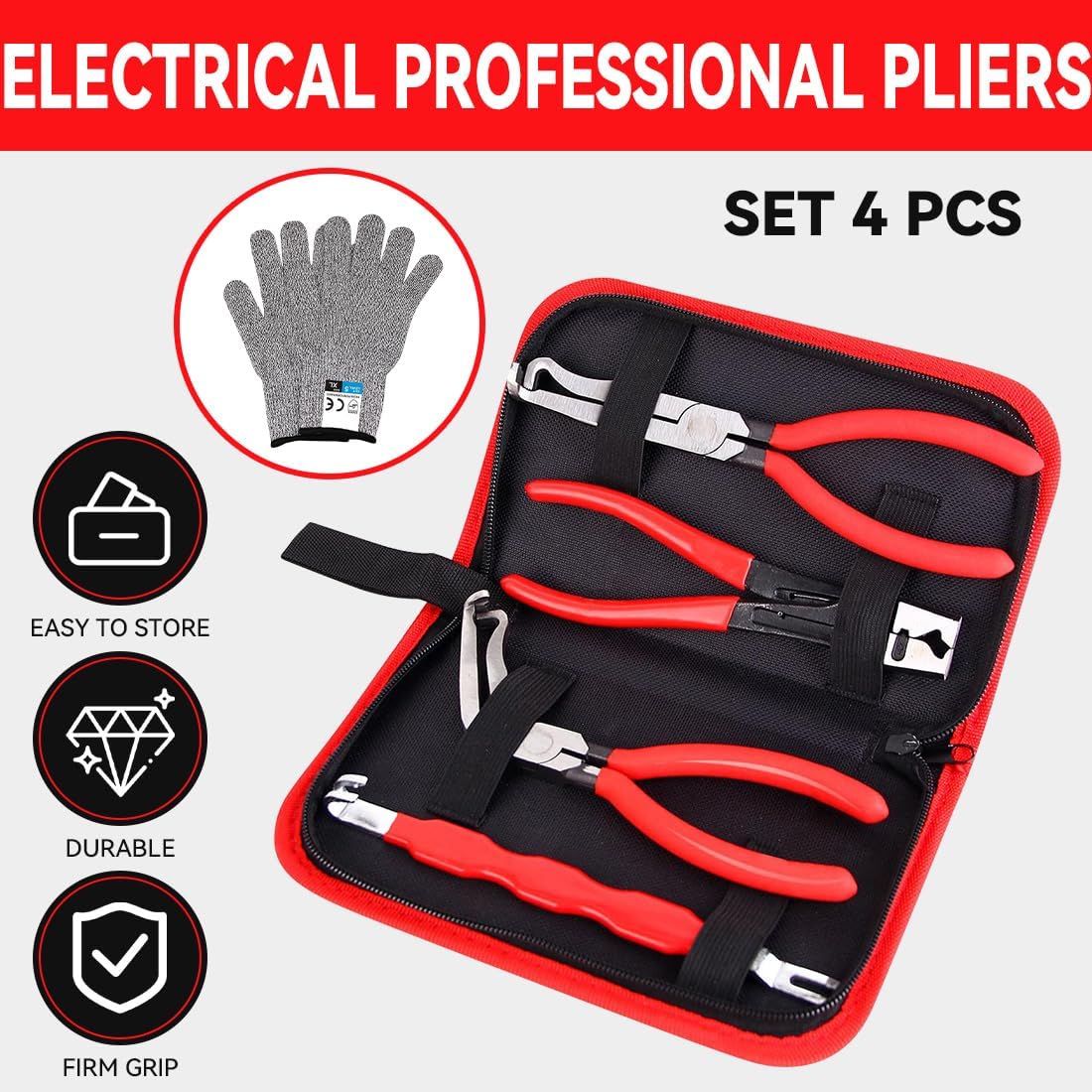 4 Pieces Automotive Electrical Disconnect Pliers Kit, High-Carbon Steel Connector Separator with Straight & 60° Pliers, Hose Clamp Plier, Plug Release Tool and Wire Terminal Removal in Storage Box - Image 2