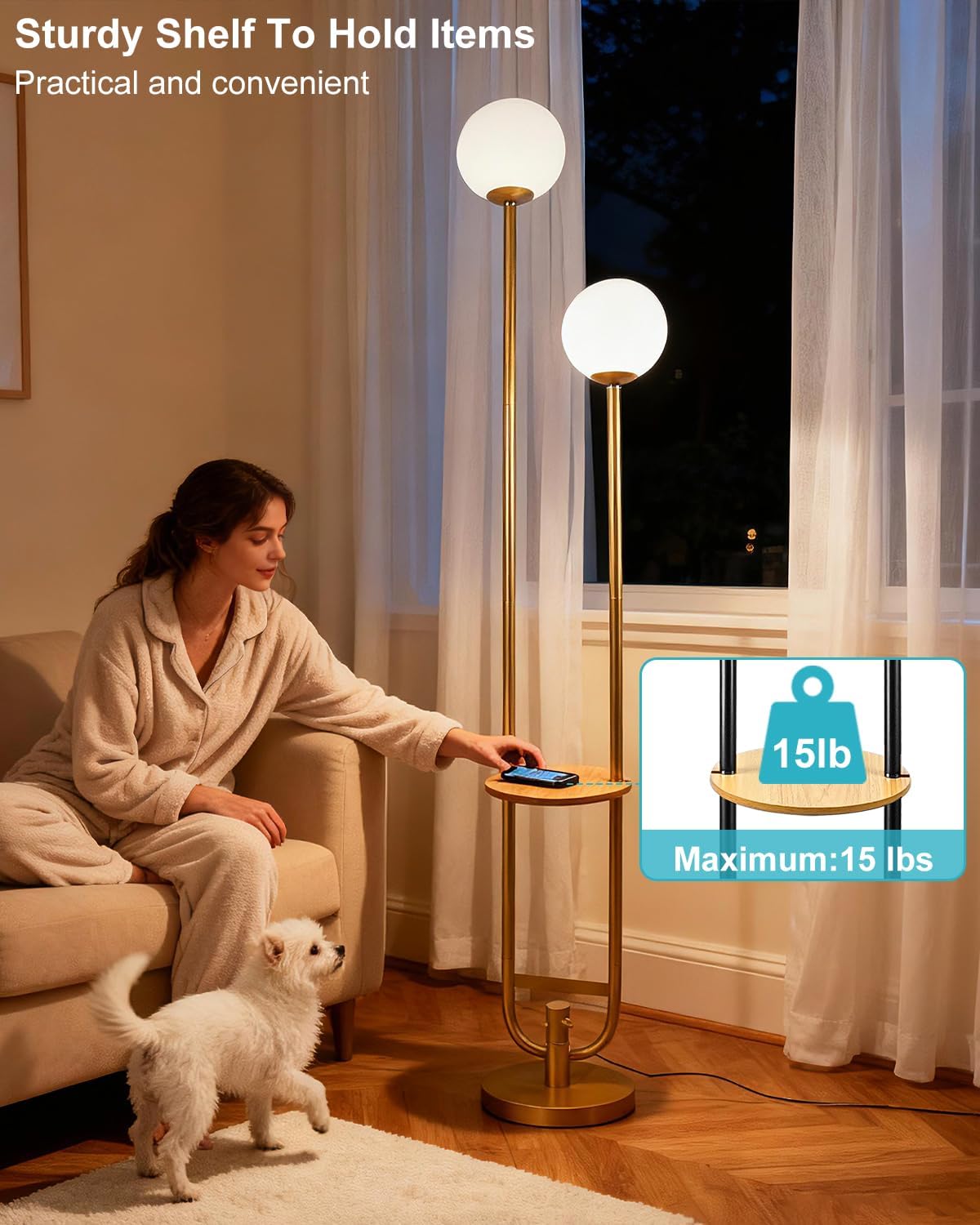 Lightdot 63IN Gold Floor Lamp with U Pole, 2 Globe Mid Century Standing Lamps with Warm White LED Bulbs, Unique Vintage Tall Floor Lamp for Living Room/Wedding/Party - Image 6