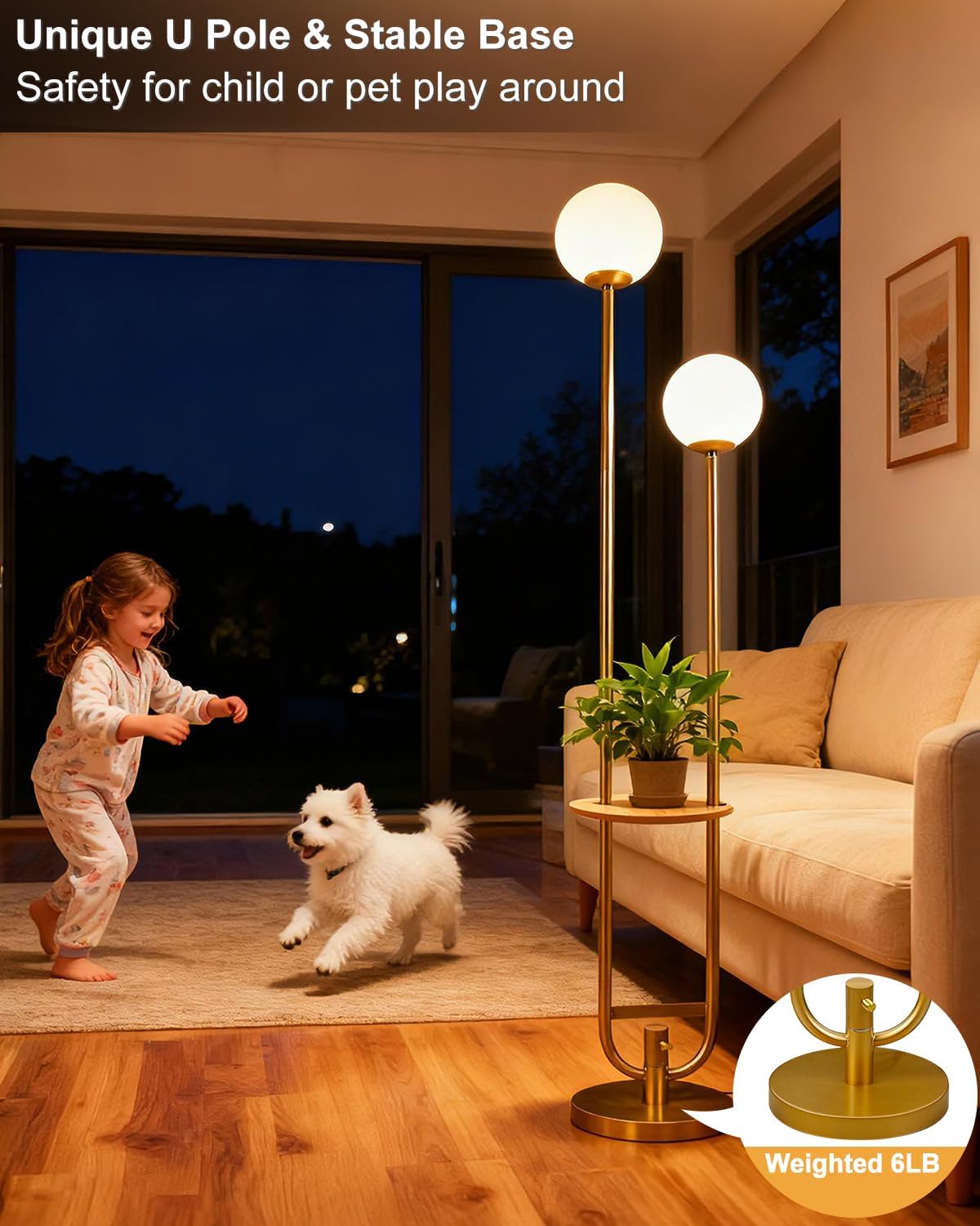 Lightdot 63IN Gold Floor Lamp with U Pole, 2 Globe Mid Century Standing Lamps with Warm White LED Bulbs, Unique Vintage Tall Floor Lamp for Living Room/Wedding/Party - Image 8