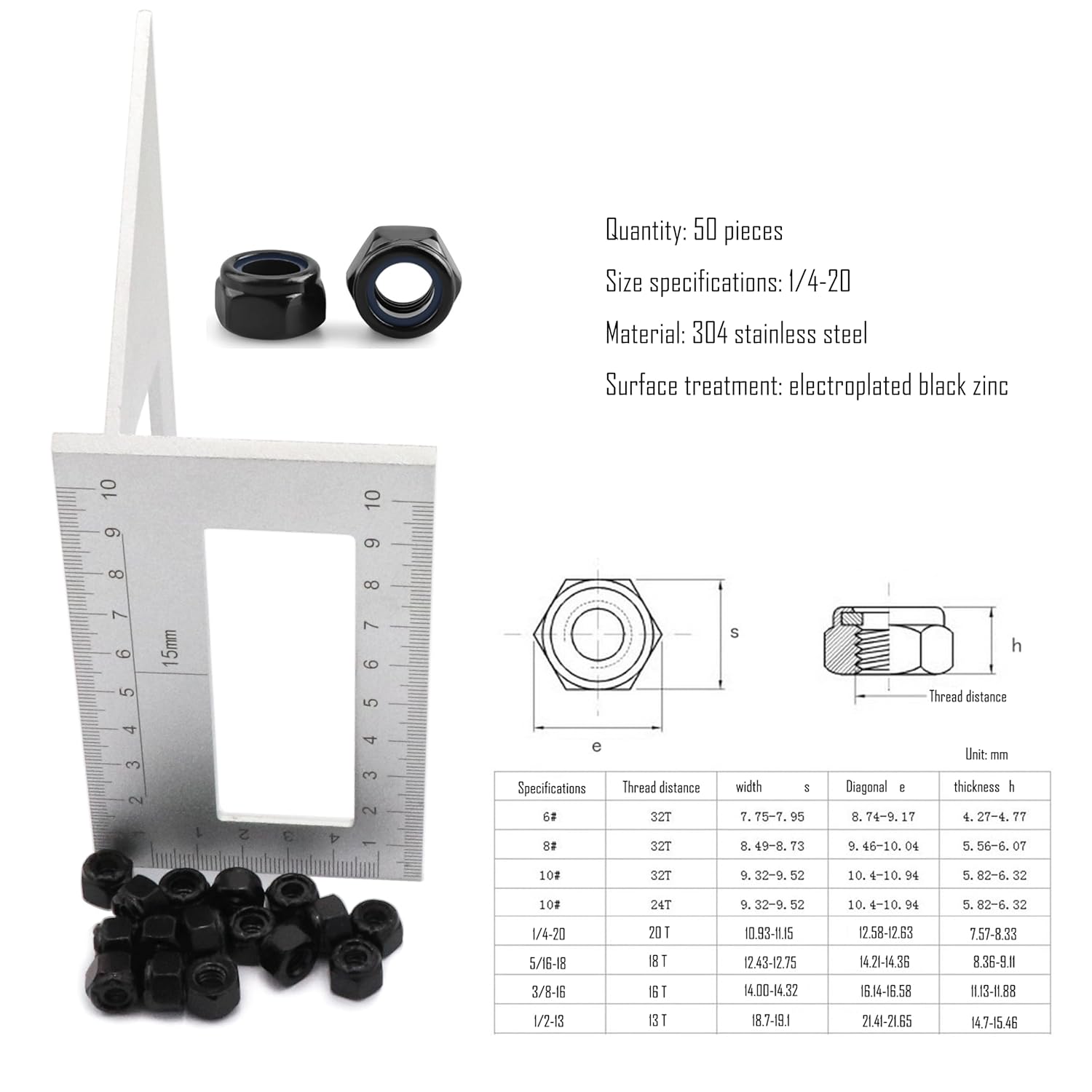 SCXCLY 50pcs Nylon Insert Hex Lock Nuts, 1/4-20 Inch Lock Nuts, 304 Stainless Steel (Black) - Image 2