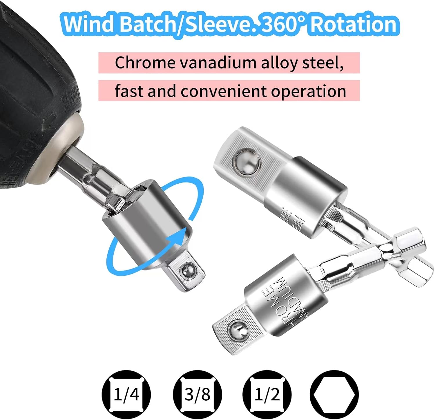 Flexible Drill Bit Extension Set, 105° Right Angle Drill Attachment, 1/4 3/8 1/2In Hex Shank Impact Driver Socket Adapter Rotatable Socket, Bendable Drill Bit Extension Screwdriver Bit - Image 6