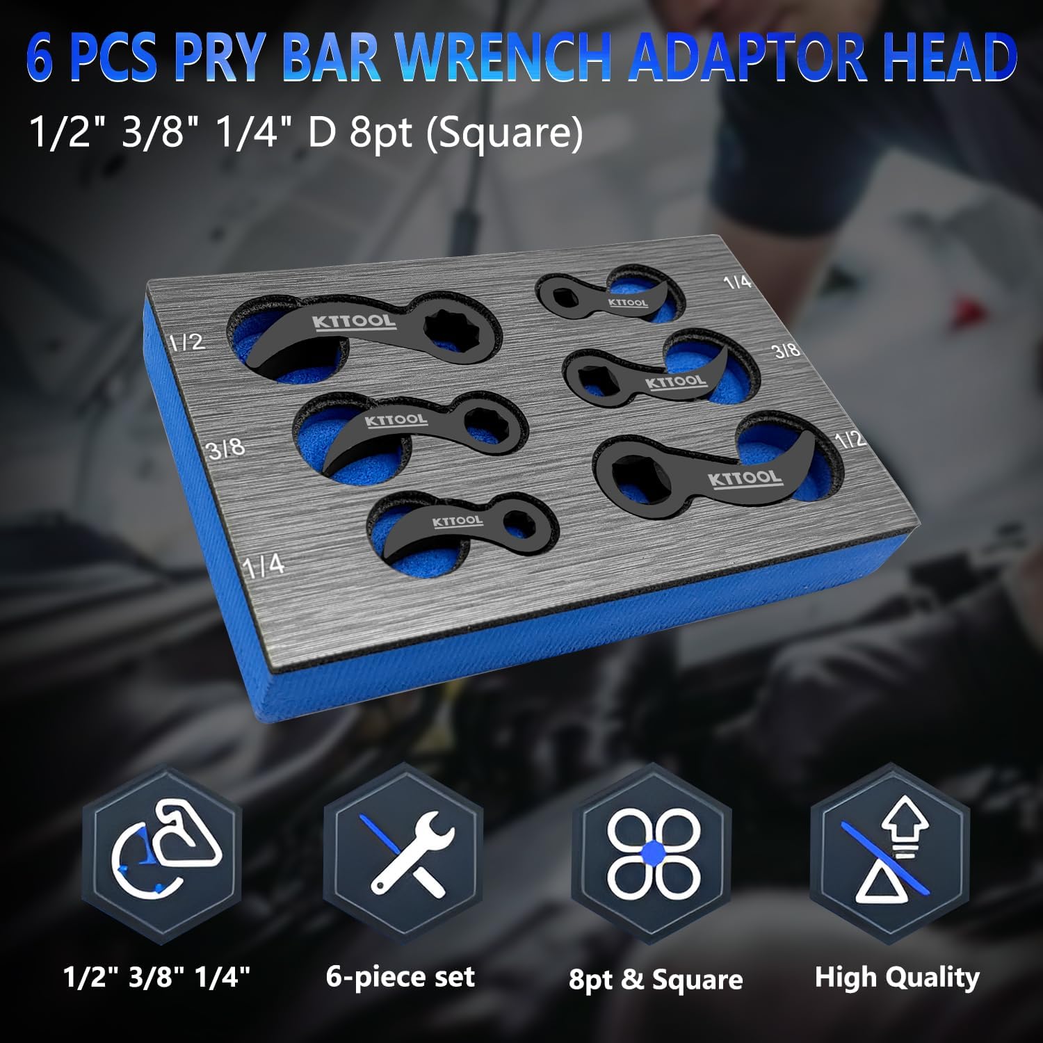 6 Pcs Pry Bar Wrench Adaptor Head Set, Crowbar Adapter Head Tool, Half Shaft Removal Car Repairing Tools 1/2" 3/8" 1/4" D 8pt (Square) Profile - Image 2