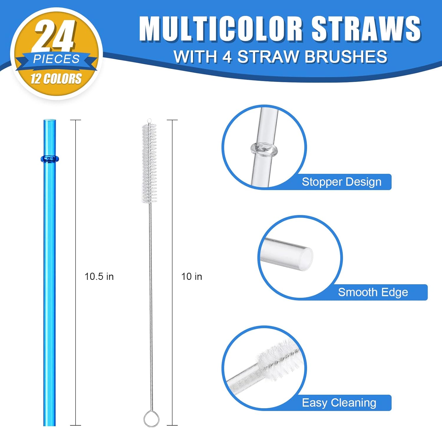 24 PCS, Reusable Straws with 4 Brushes, 10.5" Long Tritan Hard Plastic Straws, 12 Colors Translucent Replacement Drinking for 16OZ-32 OZ Tumblers, Cups, Jars, Stanley, YETI, Starbucks, BPA Free - Image 3