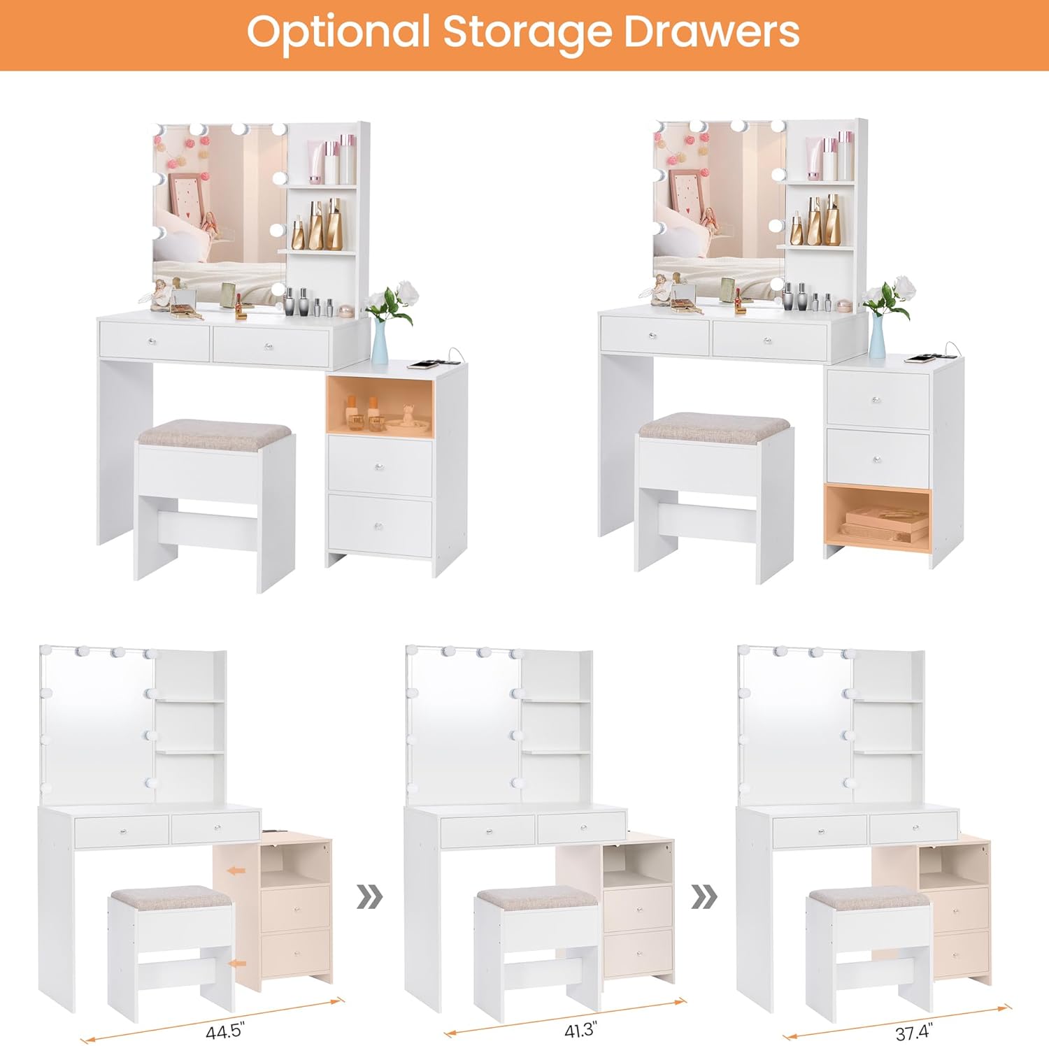 ANWBROAD Makeup Vanity Desk with Mirror & 10 LED Lights Big Vanity Set with Charging Station, Nightstand, Drawers, Storage Shelves, Stool, Bedroom Dressing Table for Women Girls White UBDT13W - Image 2