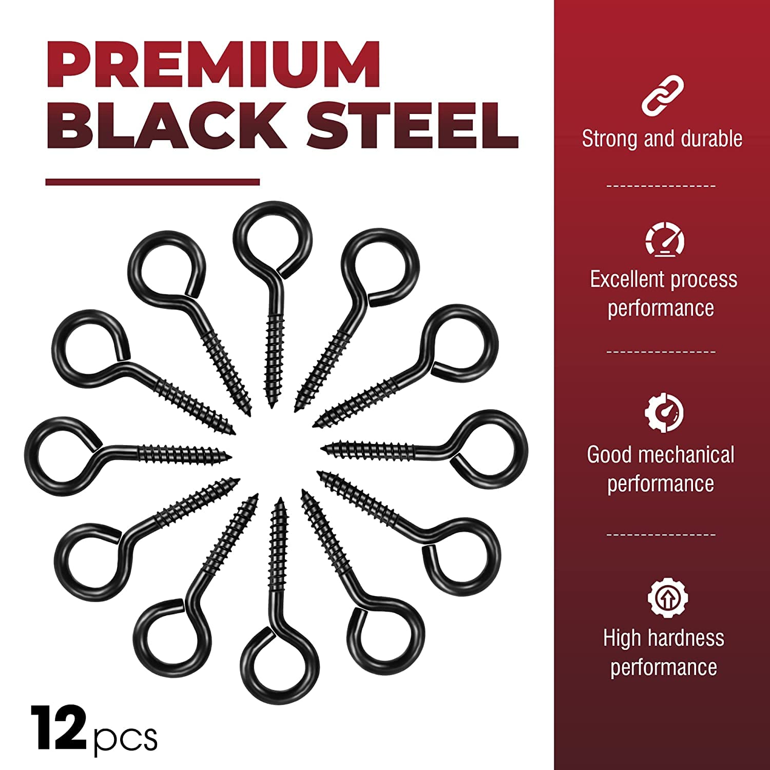 PAMAZY 12Pcs Black Screw Eyes, 2.56 Inch Heavy Duty Eye Hooks for Wood Securing Cables Wire, Hammock Stand, Indoor & Outdoor Use - Image 2