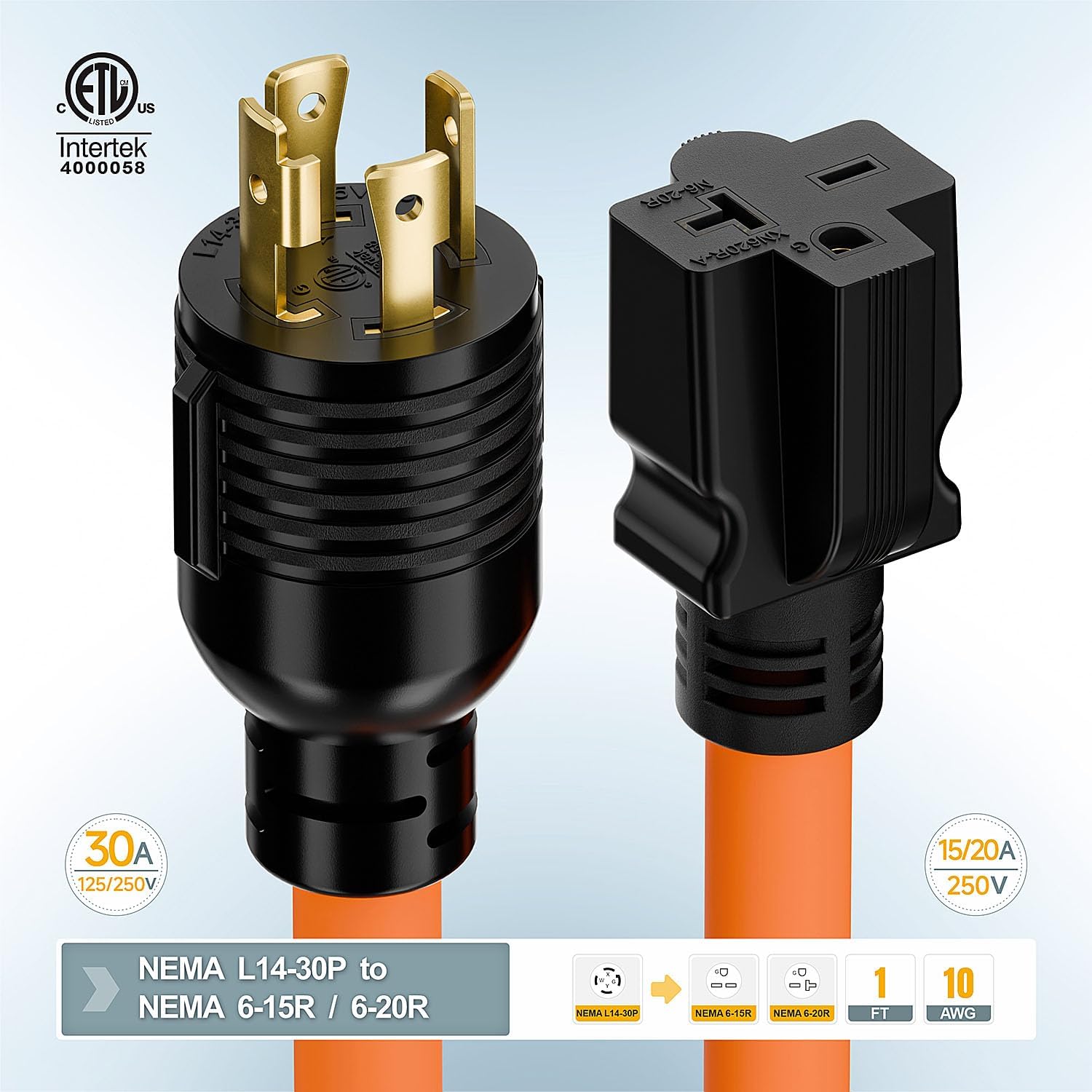 1FT Nema L14-30P 30Amp Locking Plug Male to 6-20R T-Blade Adapter, STW 10-AWG 30A 4-Prong 250V to 3 20A 250V 6-20/15R Adapter, L14-30 to 6-20 Adapter - Image 6