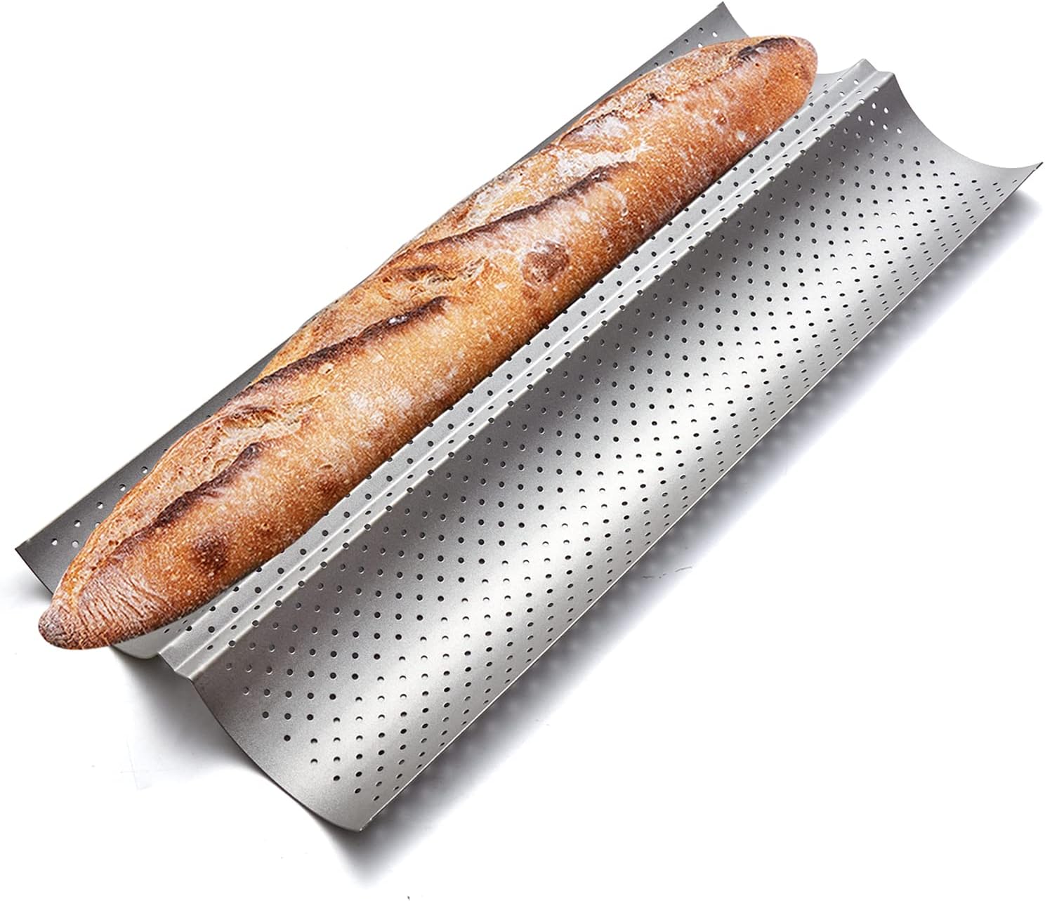 KITESSENSU Nonstick Baguette Pans for French Bread Baking, Perforated 2 Loaves Baguettes Bakery Tray, 15" x 6.3", Silver