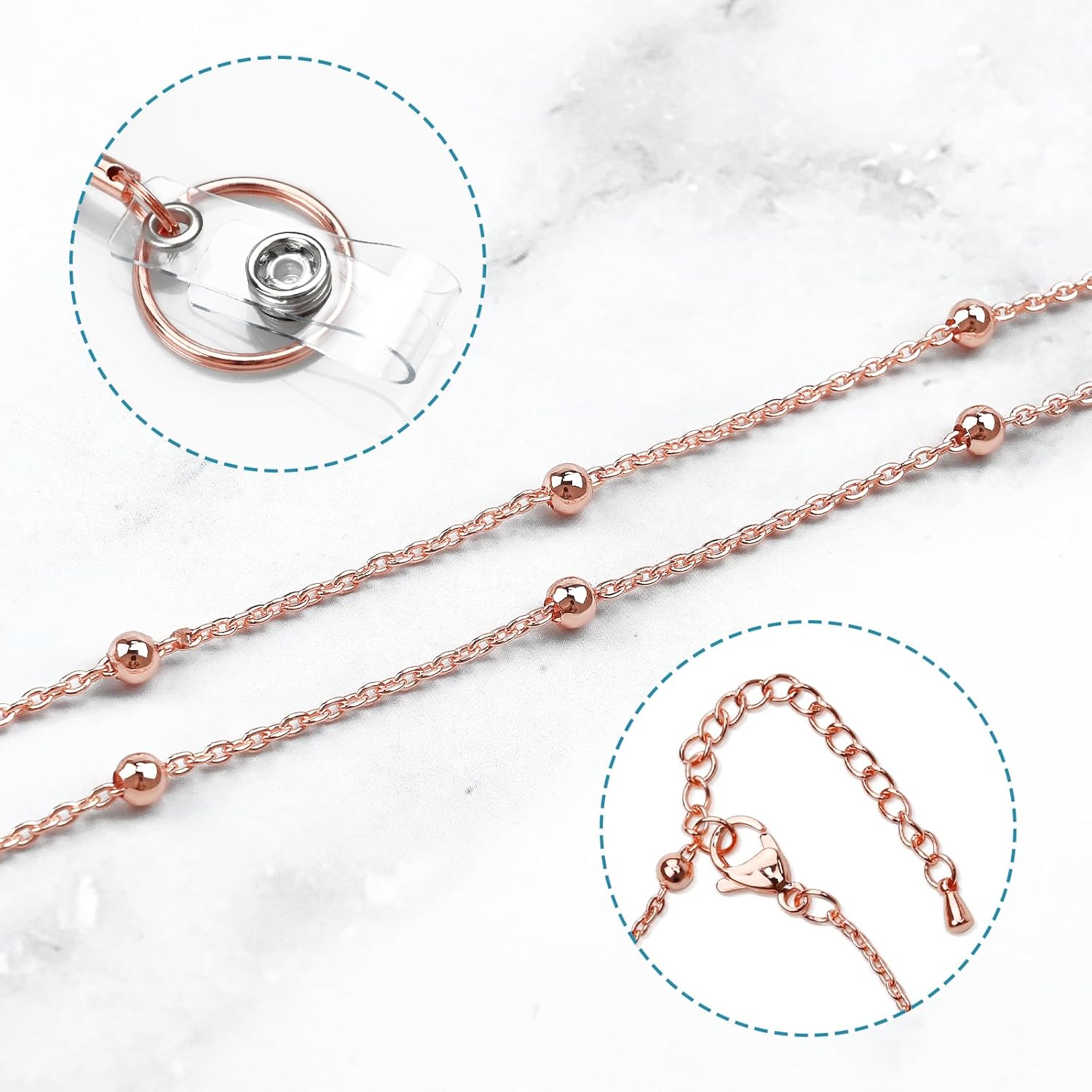 3 Pack Retractable Badge Reel Lanyard with 6 Pcs Waterproof ID Holder Retractable Stainless Steel Badge Reel Lanyard with ID Holder for Girl Women Teacher Adults (Black, Silver, Rose Gold) - Image 4