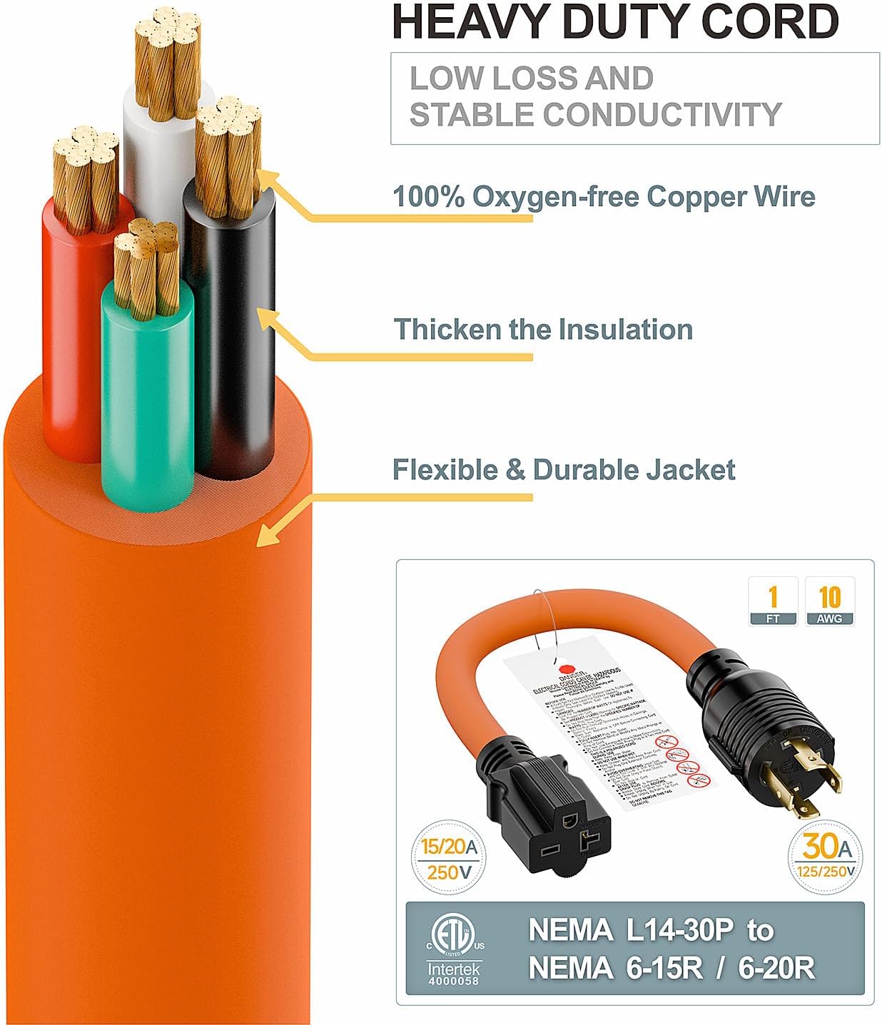 1FT Nema L14-30P 30Amp Locking Plug Male to 6-20R T-Blade Adapter, STW 10-AWG 30A 4-Prong 250V to 3 20A 250V 6-20/15R Adapter, L14-30 to 6-20 Adapter - Image 7
