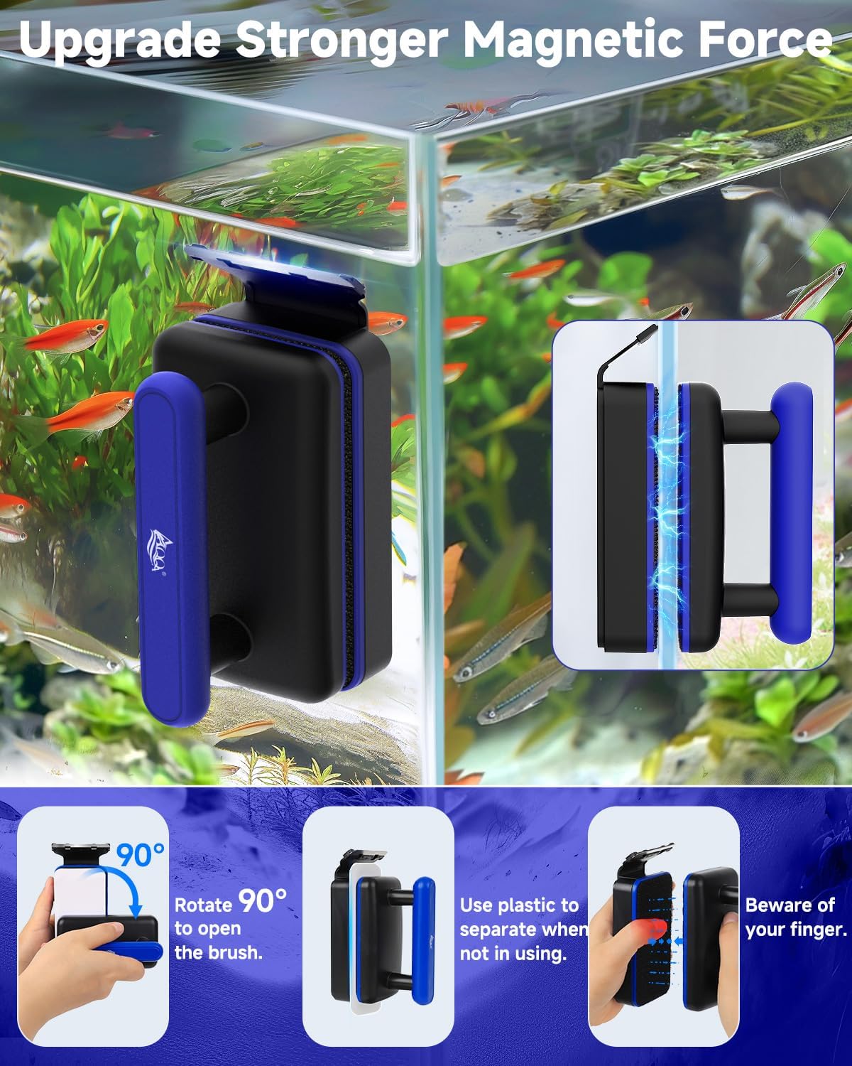 AQQA Magnetic Aquarium Fish Tank Glass Cleaner, Dual-Blades Algae Scraper Glass Cleaner Scrubber, Double Side Floating Aquarium Magnetic Brush for 0.4-1.0 Inch Thick Glass Aquariums Tank (XL) - Image 2