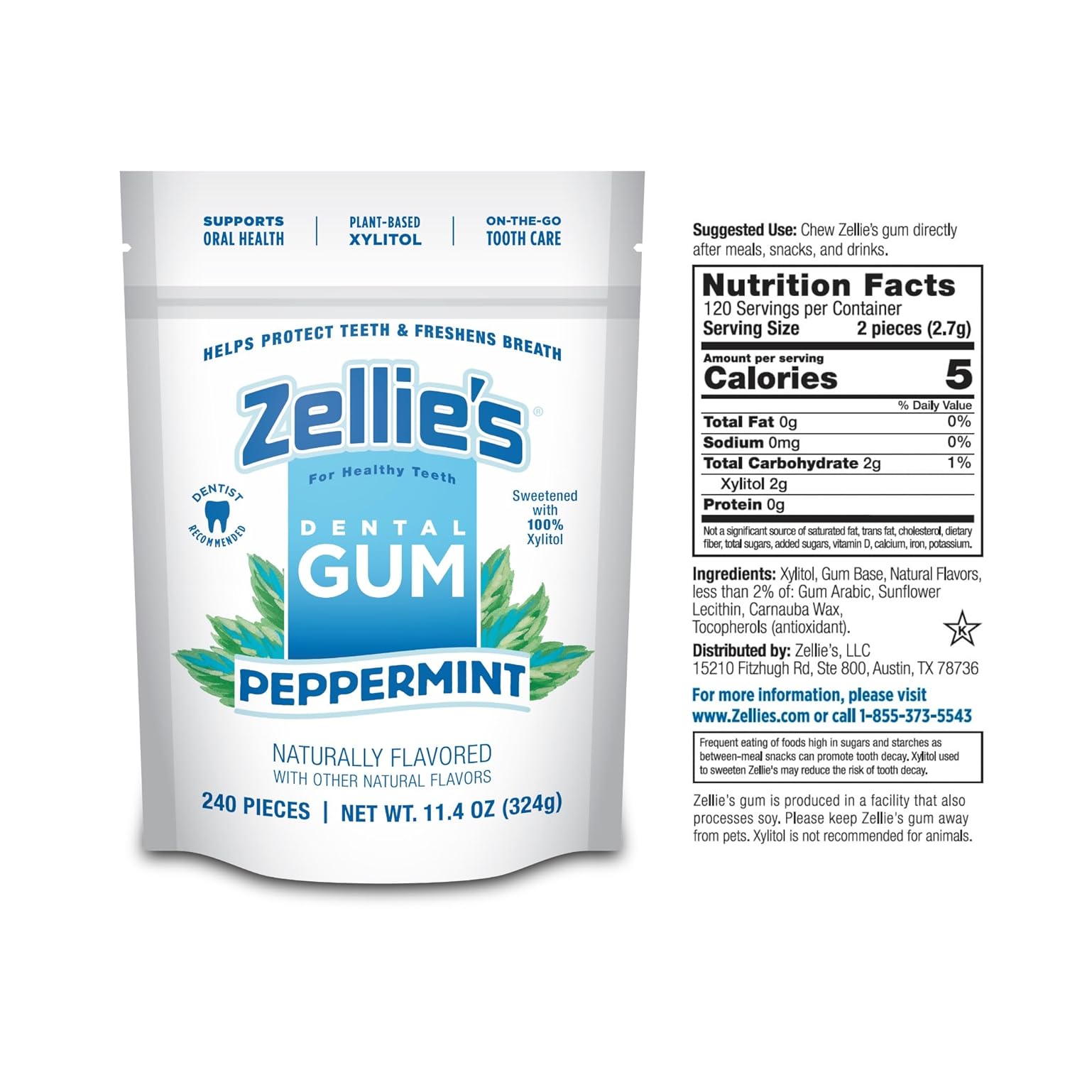Zellie's | 100% Xylitol Peppermint Chewing Gum | No Aspartame, Gluten Free, Vegan & Kosher (240 Count - Pack of 1) - Image 2