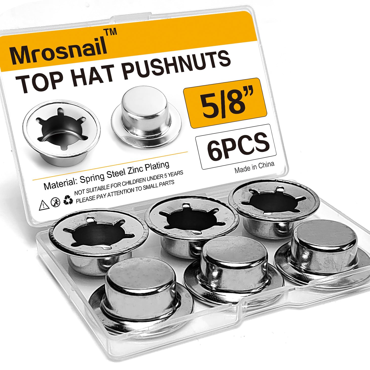 6PCS 5/8” Push Nuts Axle Cap, Push on Pushnut Spring Steel Permanent Washer Caps with Zinc Mech Finish for Hand Trucks, Rolling Bins, Lawn Wagons – Reliable Alternative to Cotter Pins