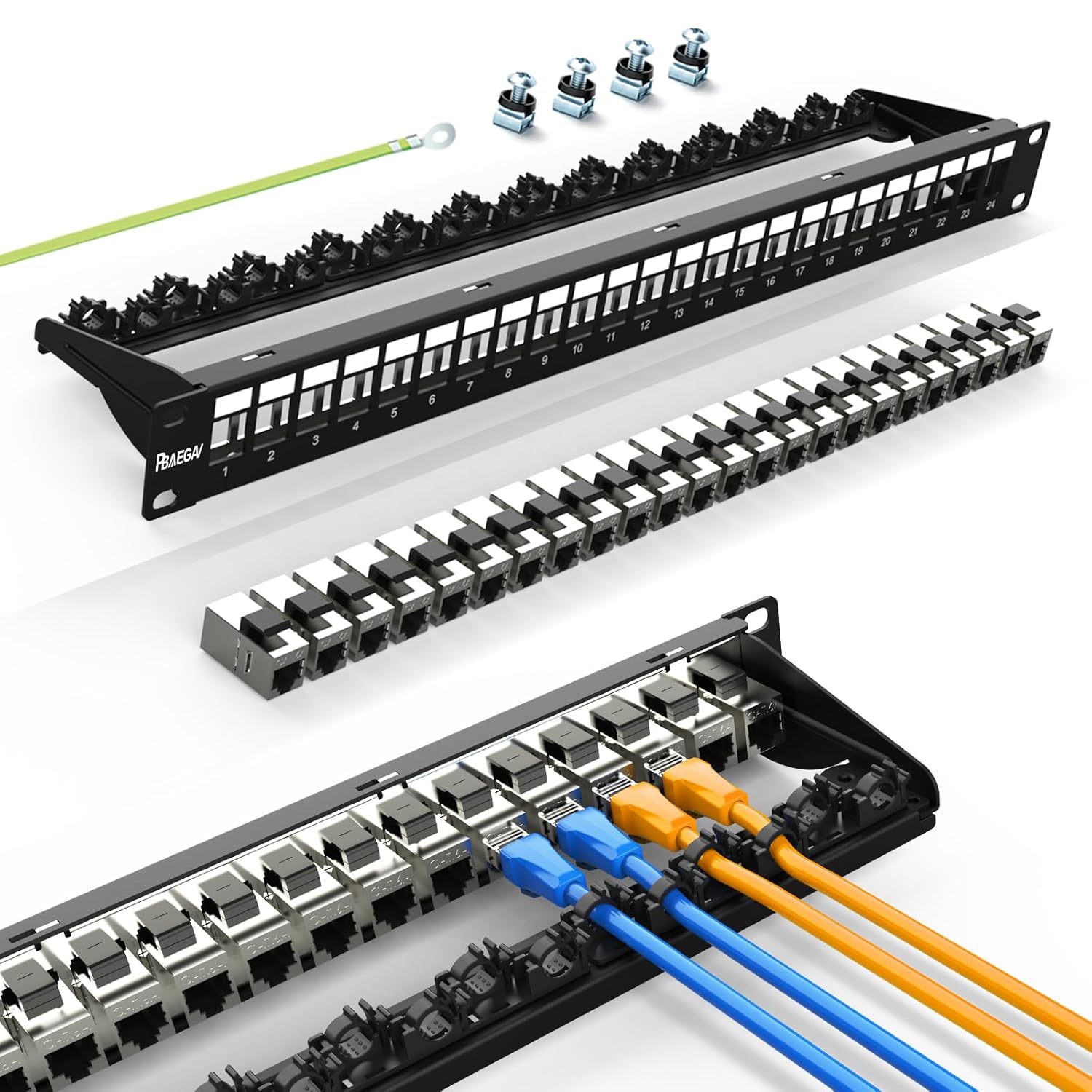 PBAEGAV Patch Panel 24 Port with 24 Pcs Cat6A Keystone Jack STP 10G Support with Removable Back Bar 1U Network Patch Panel 19 Inch for Cat6,Cat5e,Cat5 (CAT6A, 1U24Port)
