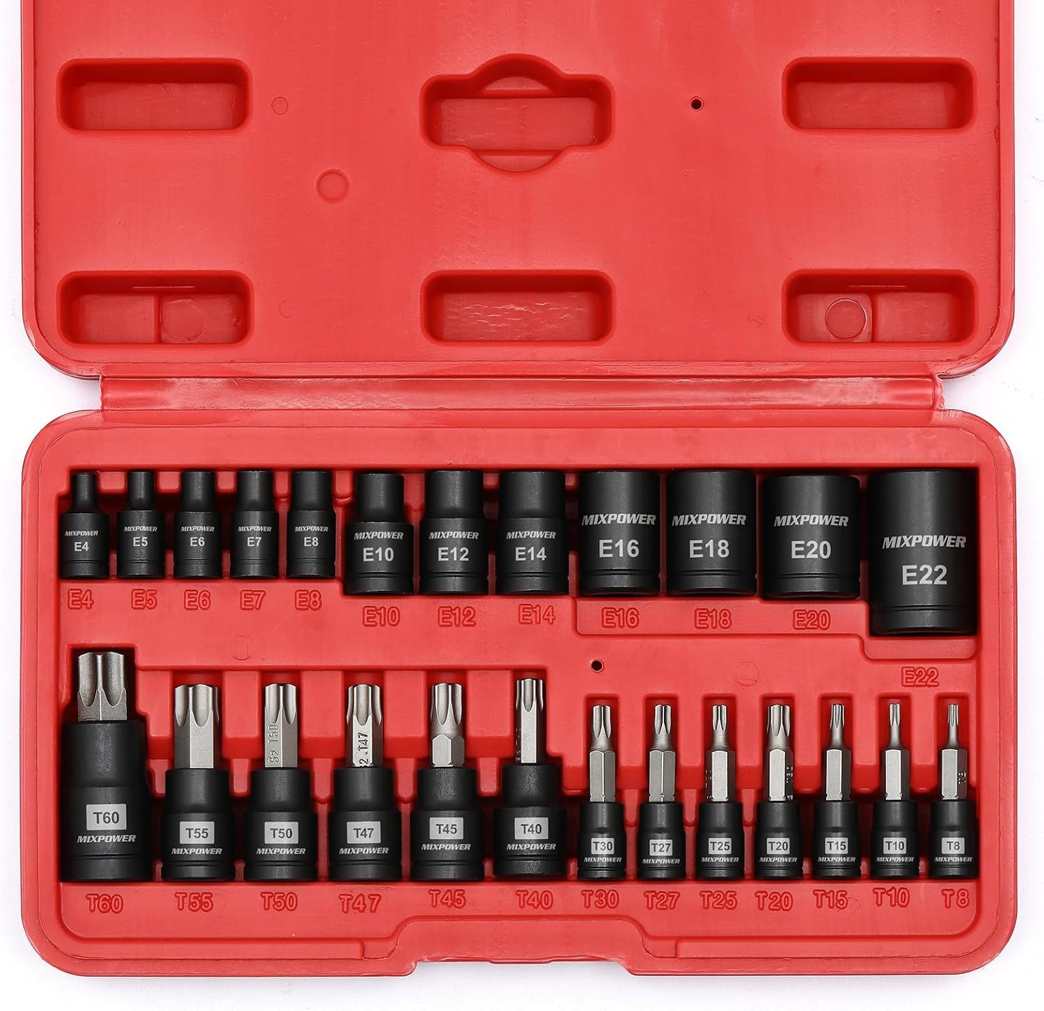 MIXPOWER 25 Piece Torx Bit and Socket Set, 13 Star Bits (T8- T60) & 12 E-Torx Sockets (E4-E22), Professional Grade Auto & Motorcycle Mechanic Set