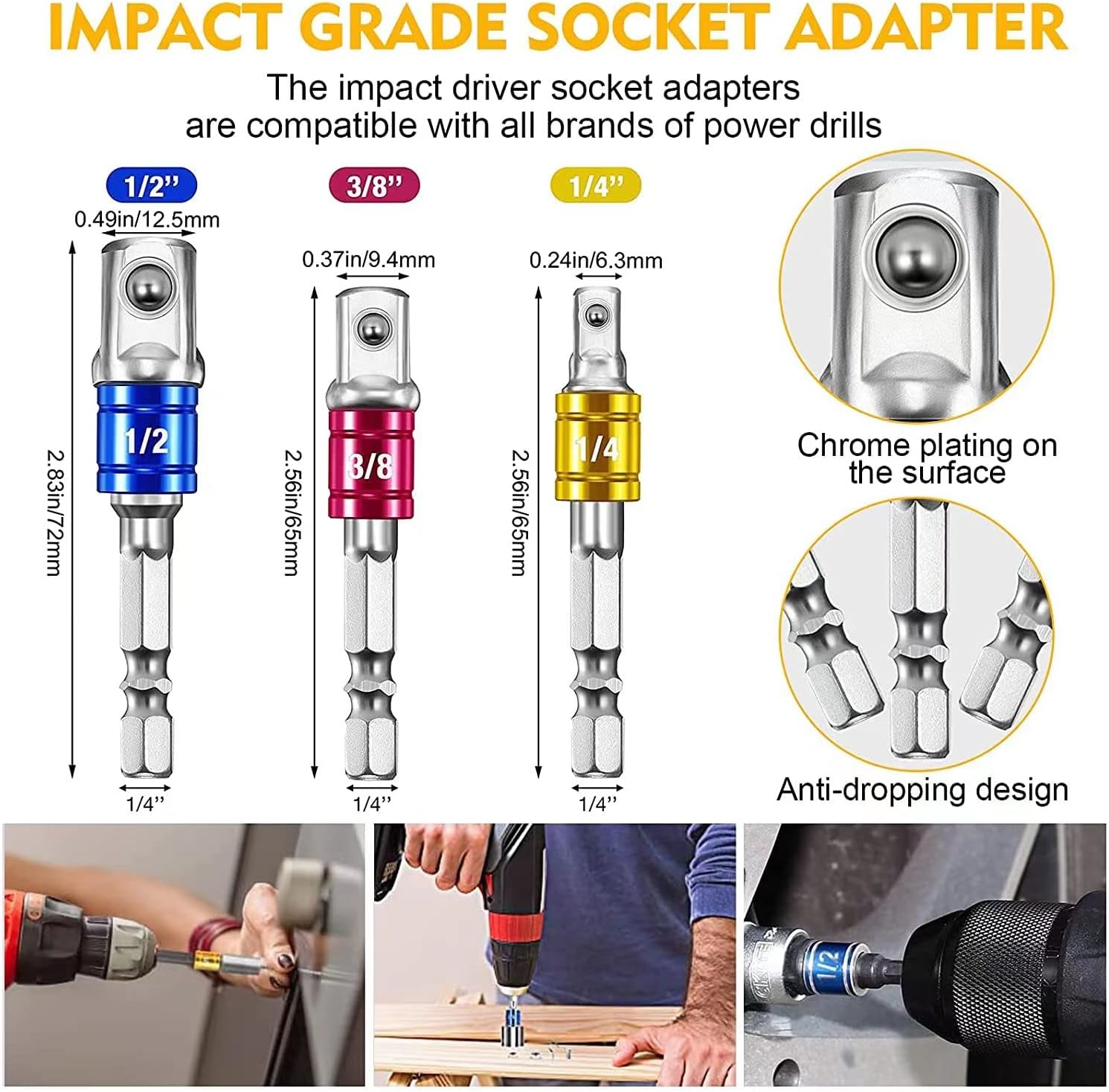 Flexible Drill Bit Extension Set, 105° Right Angle Drill Attachment, 1/4 3/8 1/2In Hex Shank Impact Driver Socket Adapter Rotatable Socket, Bendable Drill Bit Extension Screwdriver Bit - Image 3