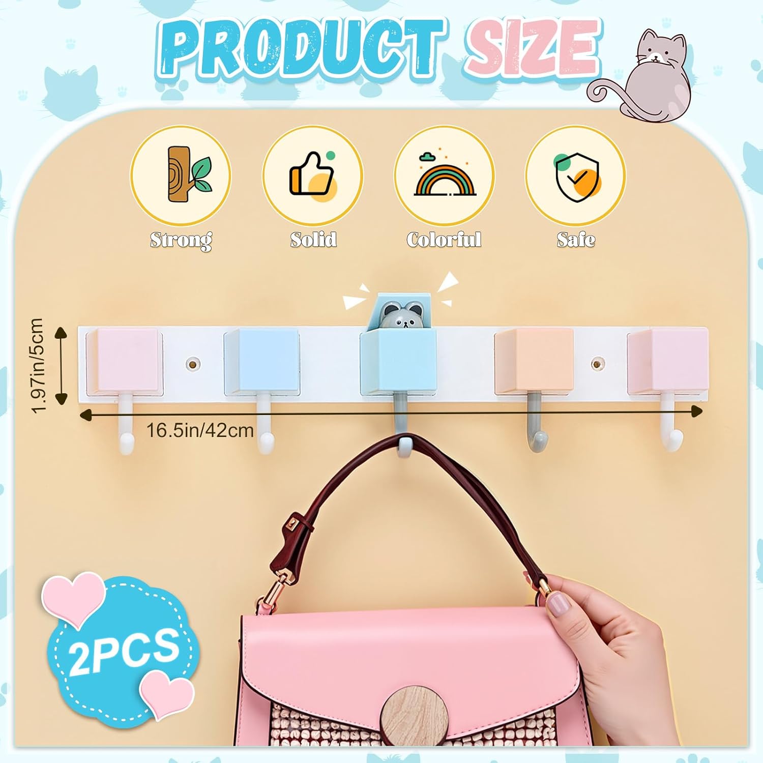 Maitys 2 Pcs Kids Coat Rack Wall Mount Kids Wall Hooks Rainbow Coat Rack Hooks for Boys Girls Toddler Cute Bathroom Decor Colorful Backpack Hanger Supplies for Clothes Hat Towel in Bedroom (Cat) - Image 2