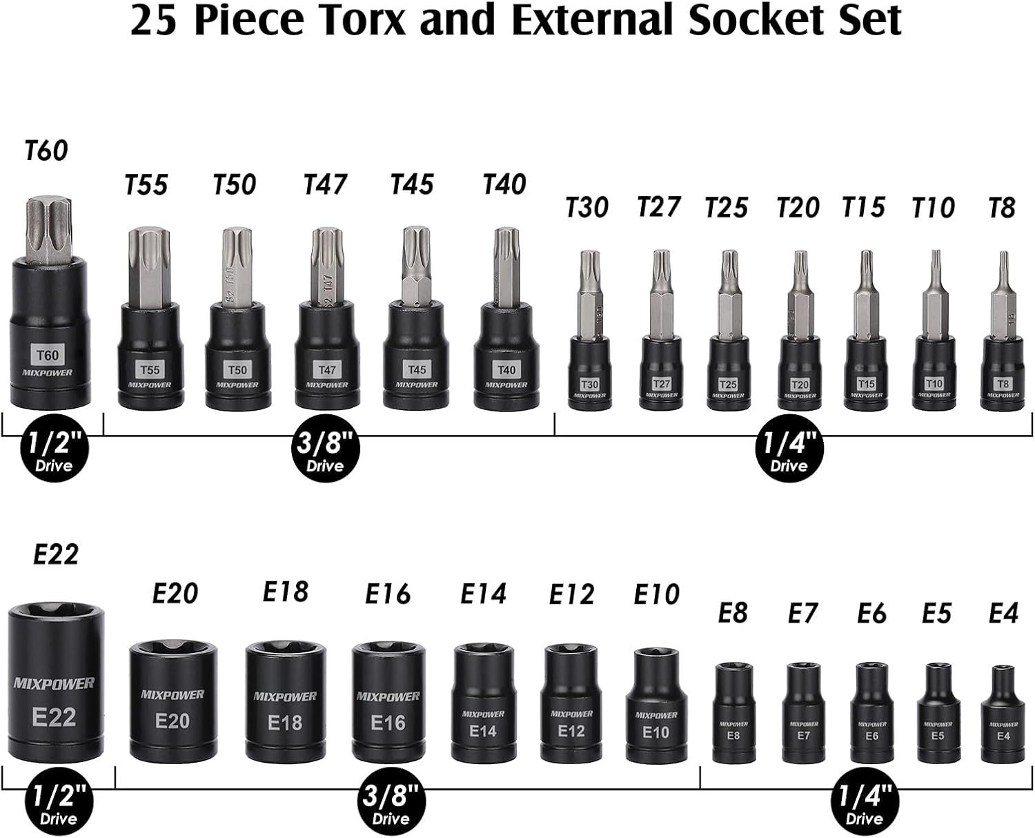 MIXPOWER 25 Piece Torx Bit and Socket Set, 13 Star Bits (T8- T60) & 12 E-Torx Sockets (E4-E22), Professional Grade Auto & Motorcycle Mechanic Set - Image 2