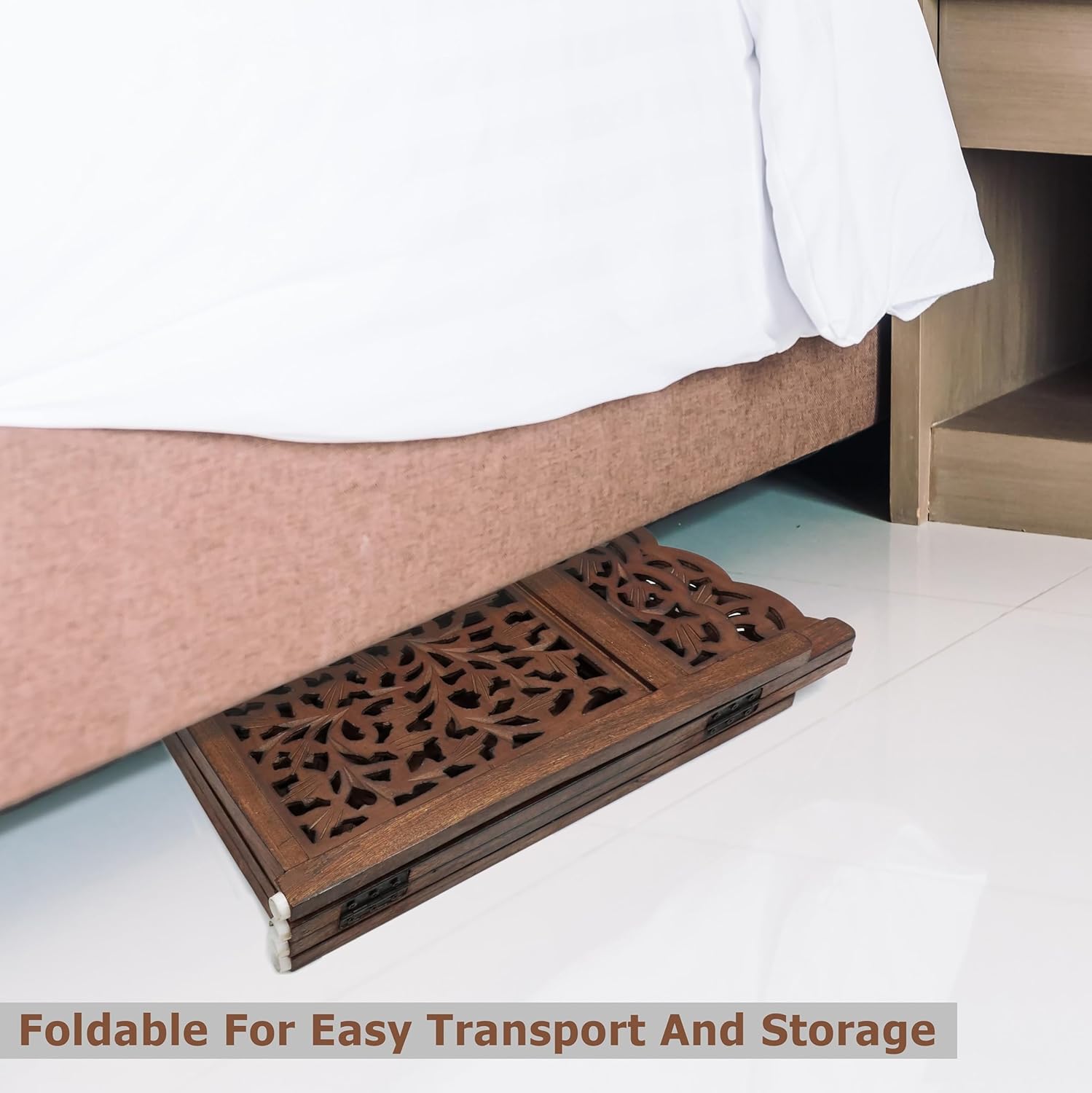 Wooden Foldable Pet Dog Safety Gate - 3 Panel 20" W x 24" H - Hand Carved Mahanadi Free Standing Portable Indoor Puppy Gate - Doorway Hall Stairs Dog Fence - Assembled - Brown - IRONGATE - Image 9