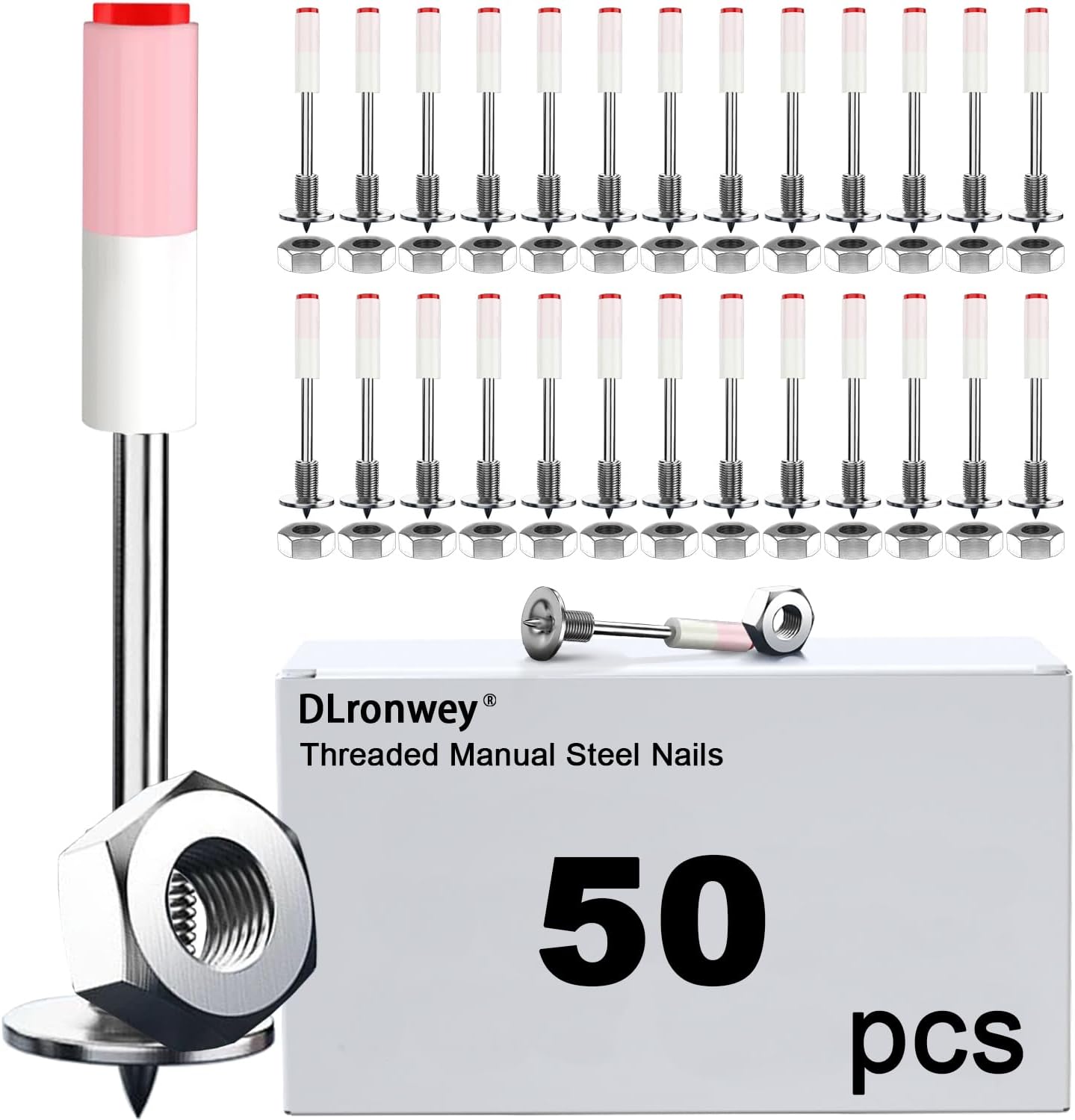 DLronwey Threaded Manual Steel Nail 50 pcs,Concrete Nail Wall Fastening Tool,for Concrete Ceiling Cable Ducts Fixed Slotting Device Repair Tool Home DIY Nail Gun Accessories