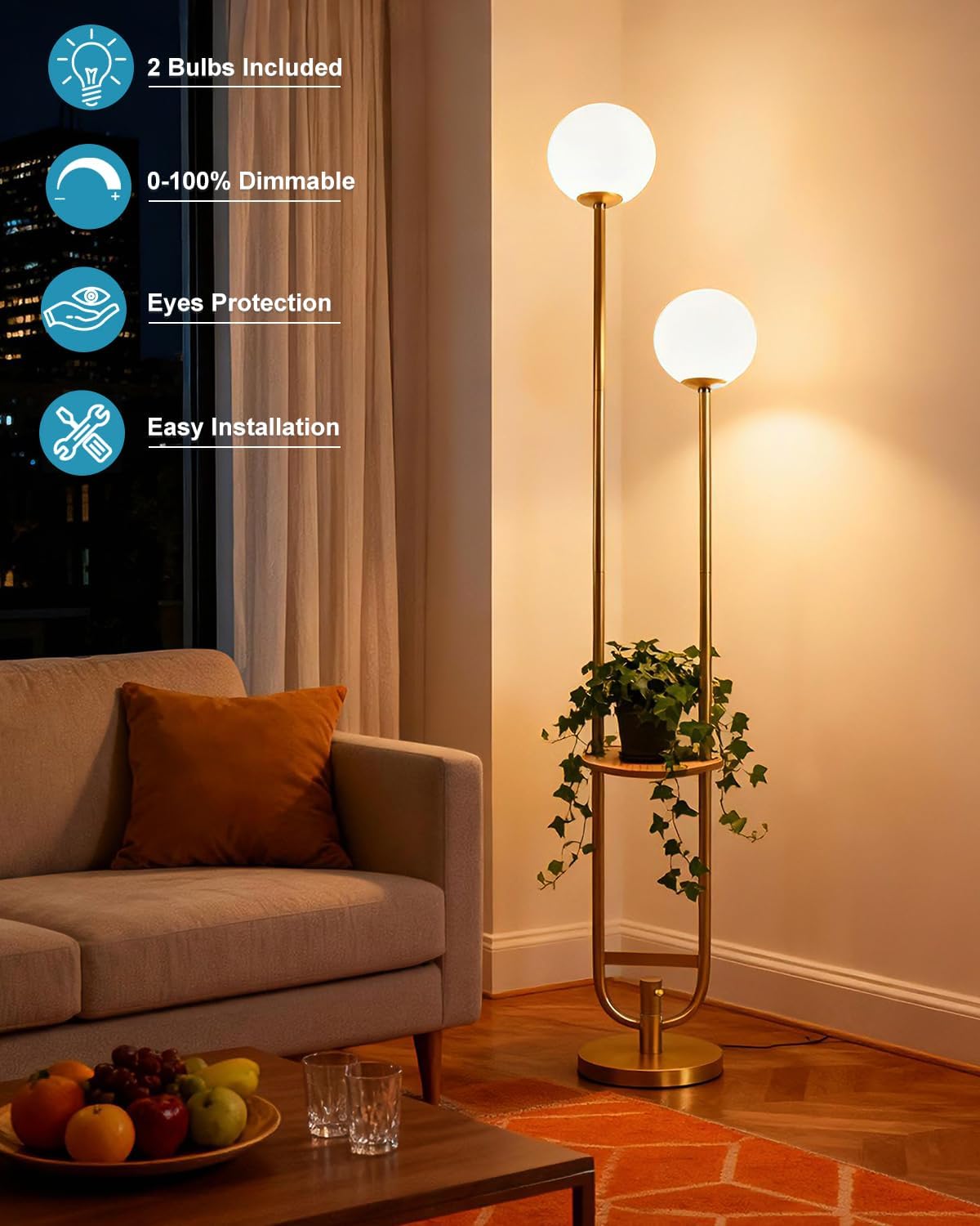 Lightdot 63IN Gold Floor Lamp with U Pole, 2 Globe Mid Century Standing Lamps with Warm White LED Bulbs, Unique Vintage Tall Floor Lamp for Living Room/Wedding/Party - Image 3